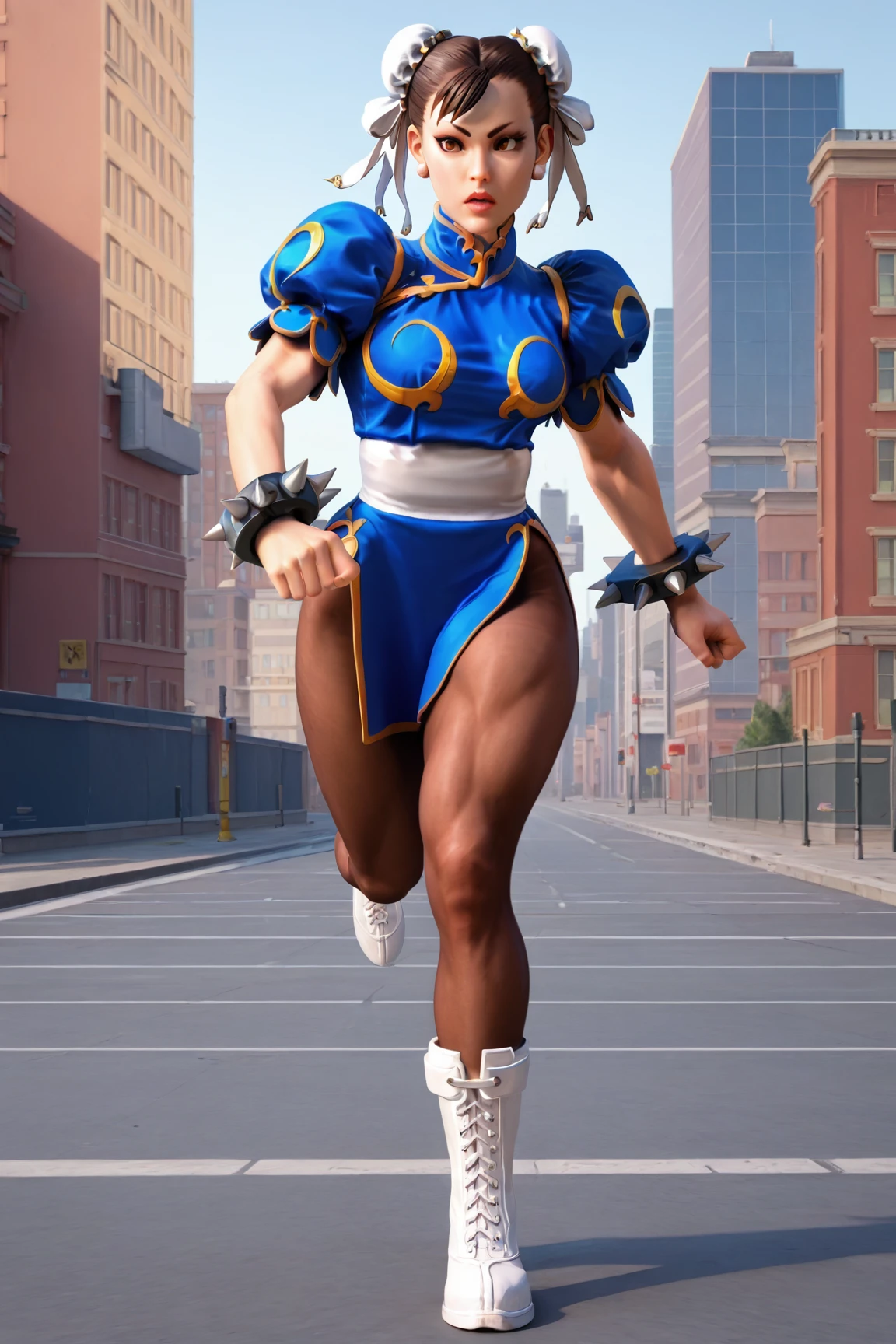 ( score_9, score_8_up, score_7_up:1), SF2CL, ((hair buns, covered buns, blue qipao, spiked bracelets, puffy sleeves, white belt, brown pantyhose)) white boots, running, cityscape, hair buns,score_9,3d style<lora:EMS-353179-EMS:1.000000>, <lora:EMS-15441-EMS:1.000000>