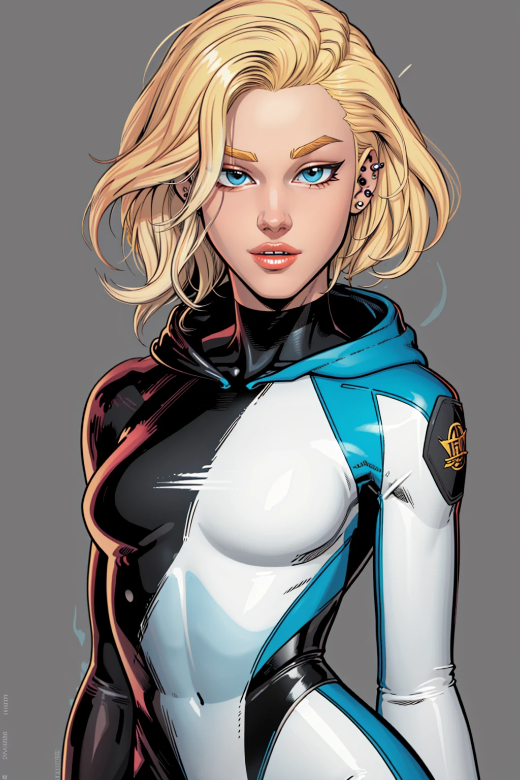 <lora:shirogane-02:1.4> shirog4n3, parted lips, upper body,undercut, blonde hair, asymmetrical hair,hooded bodysuit,eyebrow piercing, (cartoonish style), flat color style, ((ultra detailed, glossy, smooth, comic style))