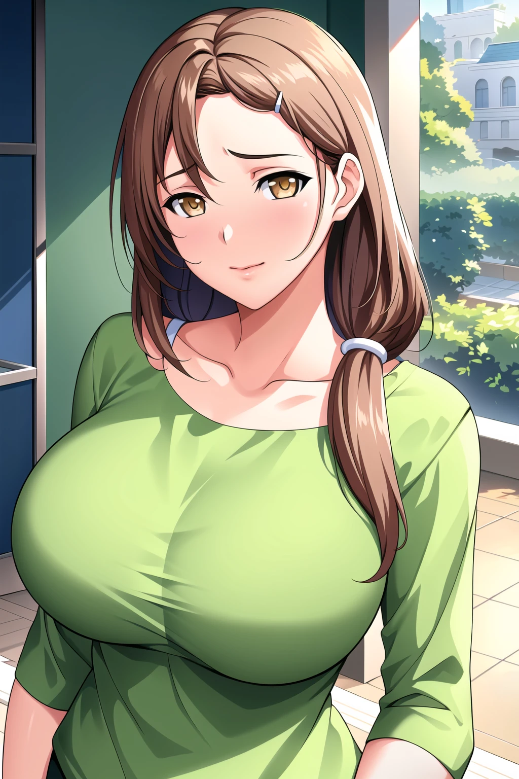 Simple green Background,
dynamic pose,standing at attention,
green_shirt,White_skirt,long sleeves,collarbone,
<lora:Shiori_Hiura_Wanna-KK77-V3:0.7>,
brown_hair,brown_eyes,single braid,Bangs,hair ornament, hairclip,
<lora:Oda_Non_Style-KK77-V2:0.3>,<lora:more_details:0.1>,
1 girl, 20yo,Young female,Beautiful long legs,Beautiful body,
Beautiful Nose,Beautiful character design, perfect eyes, perfect face,expressive eyes,perfect balance,
looking at viewer,(Focus on her face),closed mouth, (innocent_big_eyes:1.0),(Light_Smile:0.5),
official art,extremely detailed CG unity 8k wallpaper, perfect lighting,Colorful, Bright_Front_face_Lighting,White skin,
(masterpiece:1.0),(best_quality:1.0), ultra high res,4K,ultra-detailed,
photography, 8K, HDR, highres, absurdres:1.2, Kodak portra 400, film grain, blurry background, bokeh:1.2, lens flare, (vibrant_color:1.2),professional photograph,
(Beautiful,large_Breasts:1.4), (beautiful_face:1.5),(narrow_waist),