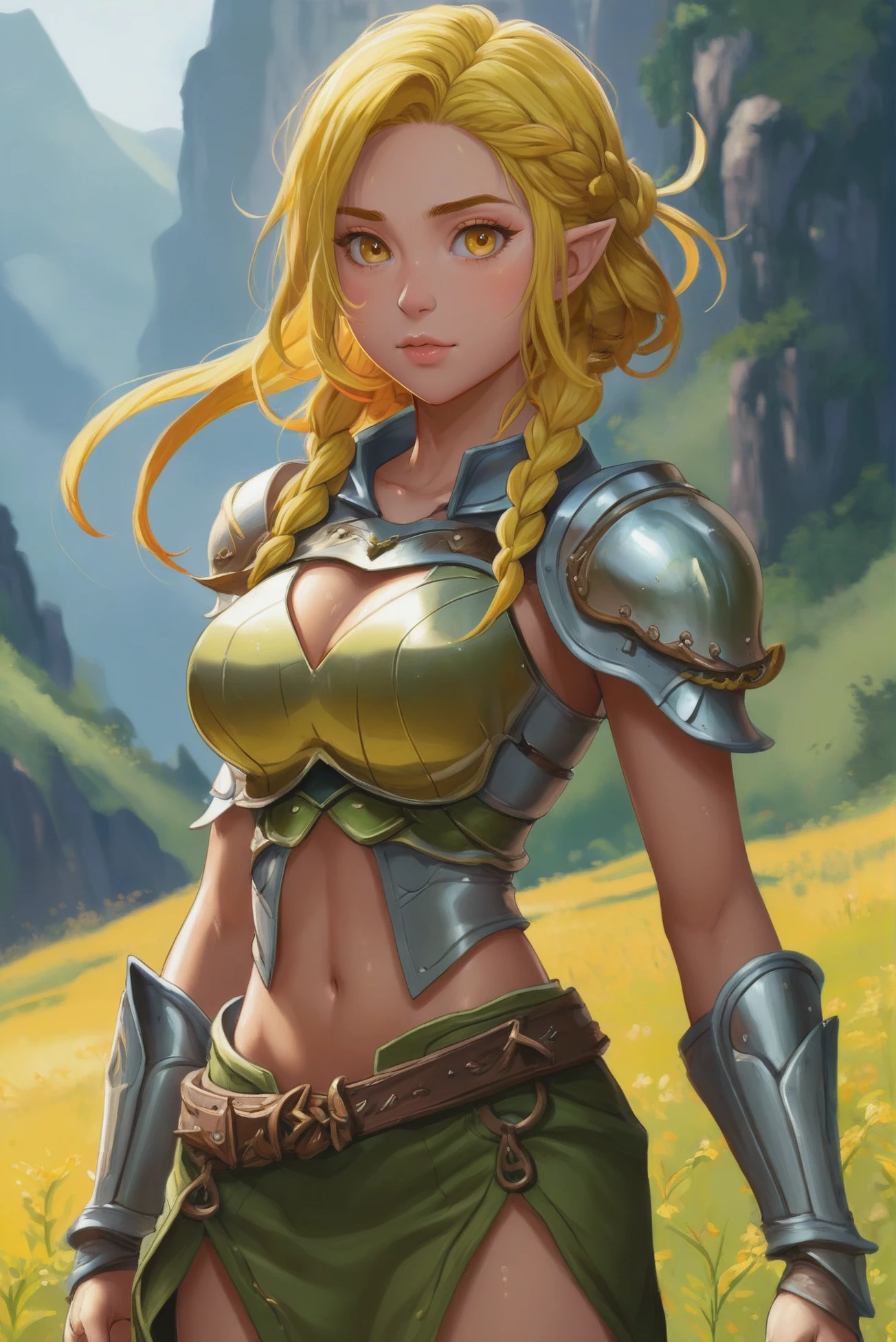 anime style digital painting, 1girl, woman, elf mountain paladin, armor, bombshell hair, reflective bright color:olivedrab hair with goldenrod highlights, Pull Through Braid, slim figure, narrow waist, tight ass, small breasts, (african, dark skin:0.6)<lora:EnvyStarlightJRPGCharacters01:1>