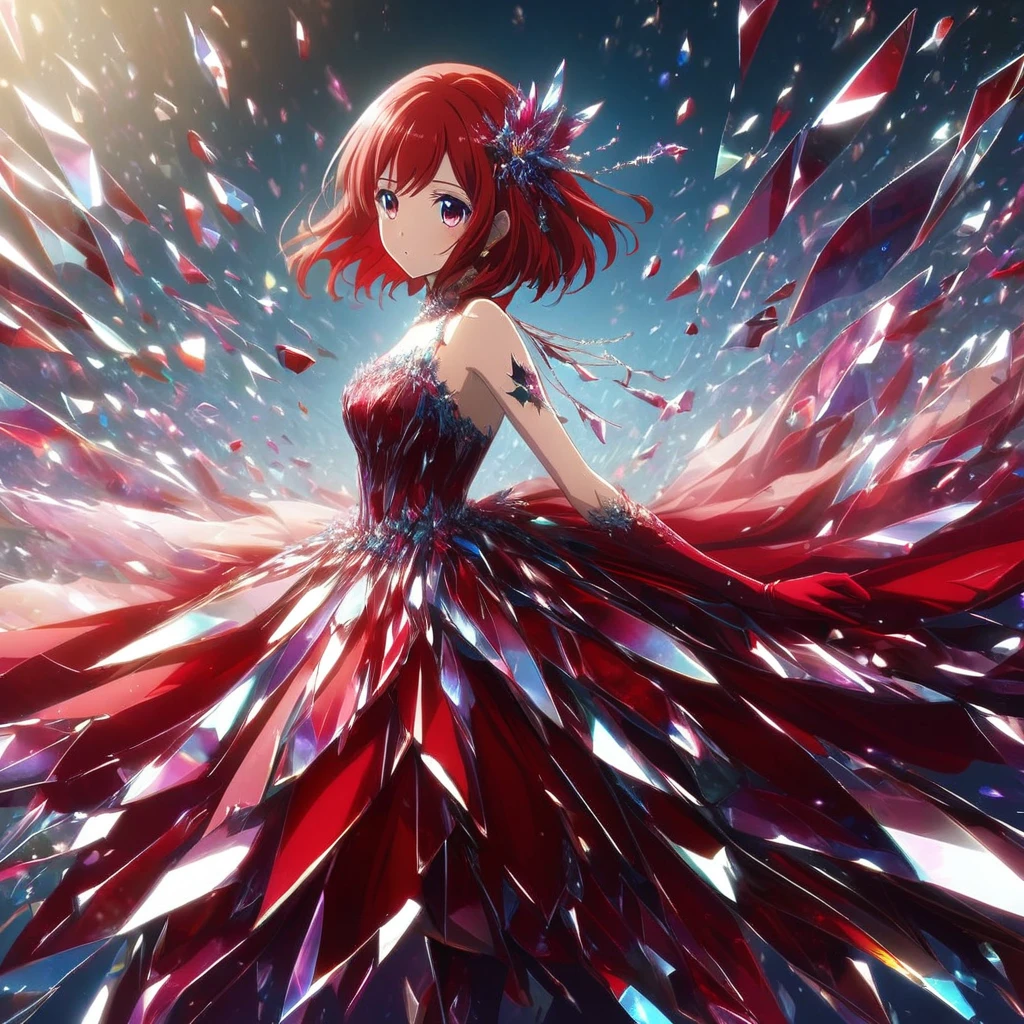 a woman wearing a red dress made of shattered glass, anime, detailed, beautiful, realistic, anime