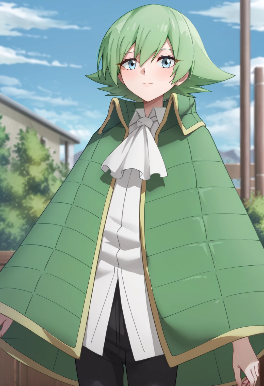 score_9, score_8_up, score_7_up, score_6_up, score_5_up, score_4_up, best quality, amazing quality, best aesthetic, absurdres, solo,lyserg, green hair, blue eyes, black pants, long sleeves, green cloak, open, cloak, white clockwork shirt with cravat,brown shoes, black belt,source_anime, source_,score_9_up<lora:EMS-354437-EMS:1.000000>