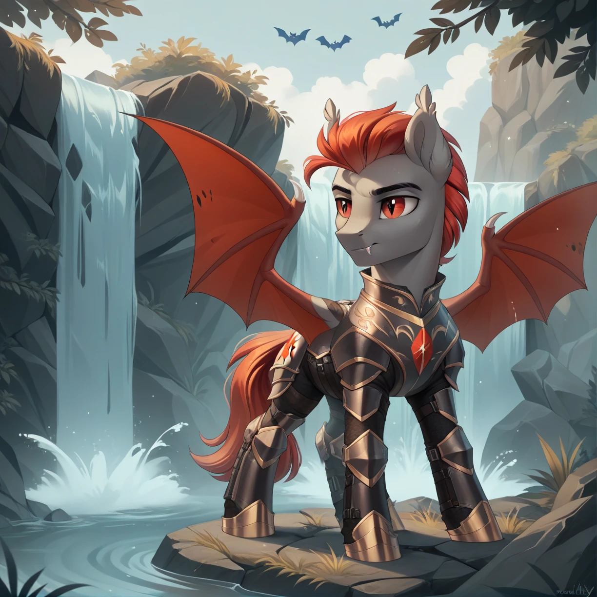 <lora:Ponydiffusionv6Evehlystyle:0.8> evehly, by evehly, score_9, score_8_up, score_7_up, score_6_up, score_5_up, score_4_up, source_furry, source_pony, rating_safe, armor, bat pony, male, oc, pony, safe, solo, stallion, oc only, bat pony oc, detailed background, cutie mark, in a waterfall