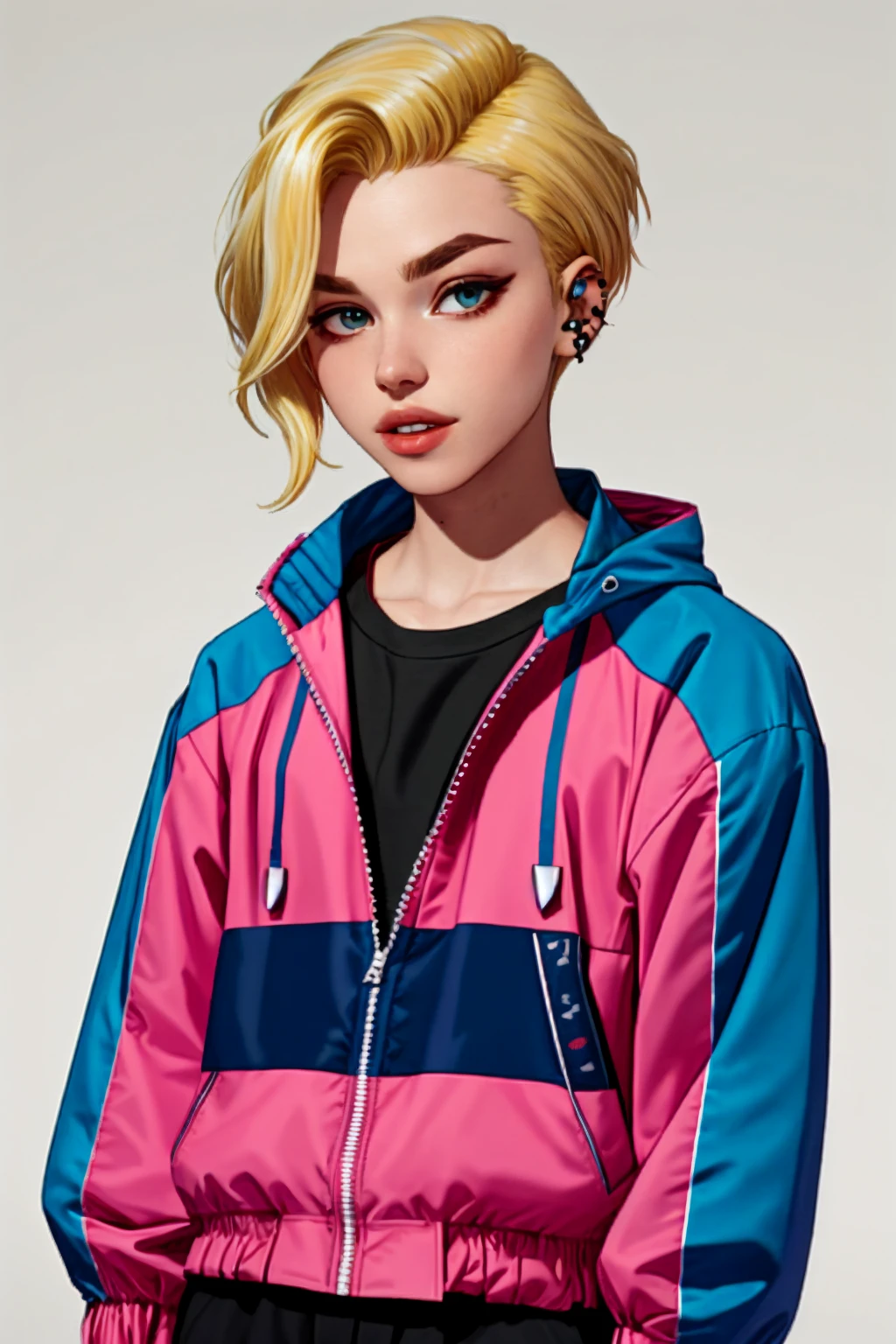 <lora:shirogane-02:1> shirog4n3, parted lips, upper body,undercut, blonde hair, eyebrow piercing, asymmetrical hair, windbreaker ,bell sleeve shirt