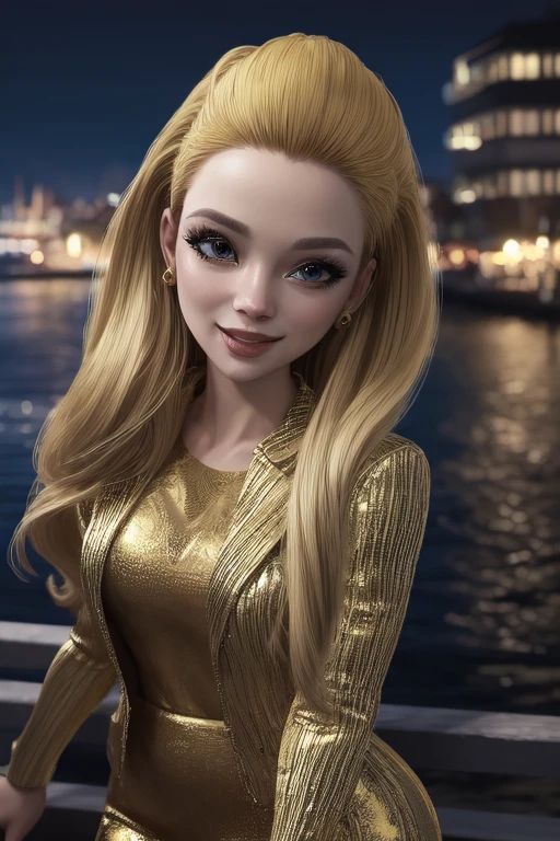 Sheryl_Meyer_RHPCH, yellow hair, yellow eyes, yellow eyeshadow, alternate outfit, harbor in background, simple coastal background, looking at viewer, slight close-up