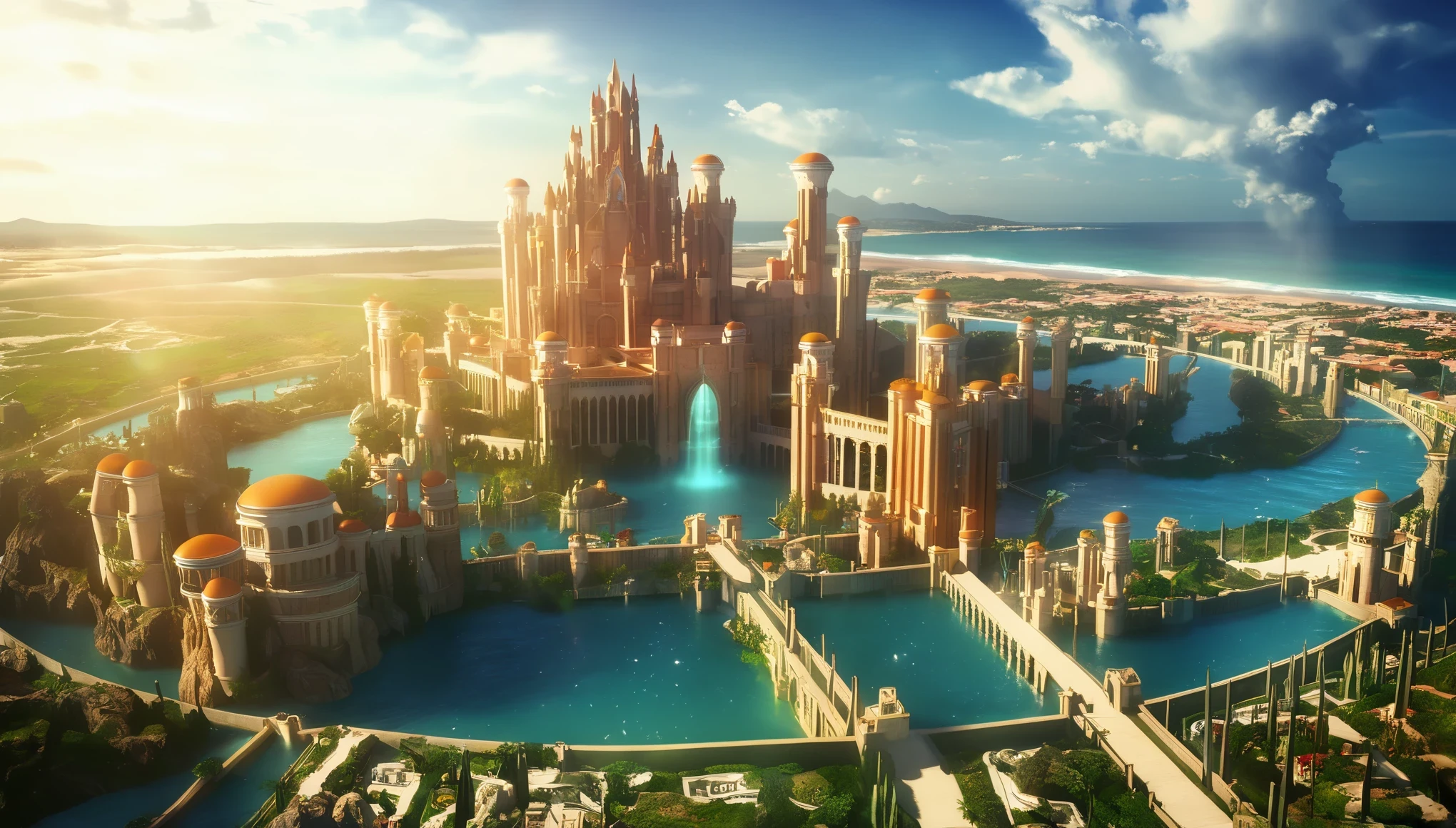 (masterpiece, best quality:1.2), atlantis, view from building, 8k, highres, HD, 1080p, UHD, super detail, highly detailed, cinematic lighting, daytime, bloom, bokeh,Surrealism, high detail, chiaroscuro, depth of field, ray tracing, reflection light, bloom