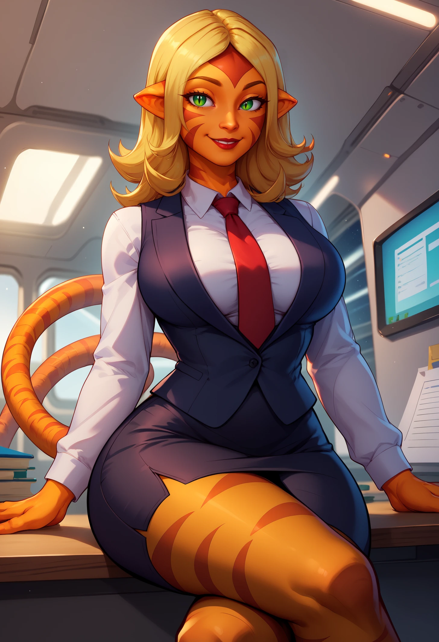 Uploaded on 621, by Pixelsketcher, by Bayard Wu, by Thomas Benjamin Kennington , by Einshelm, by Valkoinen:2, (realistic, ultra realistic):1.8, Jade the bobcat, Linx, female, furry anthro,  long cat ears, pink nose, (Detailed clear aquatic eyes:1.3), fangs, beige brown hair, (long fringes:1.5), ponytail, light tan body, extremely and very intricately detailed face, tuft of skin from the neck, (tomboy), real life, ((portrait)), dynamic pose, (very long lynx tail:1.4), (detailed lighting by Valkoinen), (fluffy fur), (detailed fur), (detailed skin), (smirk:1.1), perfect face, cinematic lighting, ((detailed office background, table, chair, window)), office, beautiful ambient, wide angle view, (half body shadow:1.3), [[crepuscular ray]], bare belly, discovered belly, navel, extremely and very intricately detailed furry paws with socks, perfect furry legs, perfect paws with socks, very detailed paws with socks, perfect eyes, semi covered ass, bottomless, [detailed ambient light], [gray natural lighting], [ambient light on the belly], (higher office and window detail), indoors, cityscape view and skyscrapers, [realistic proportions], [sharp focus], (shaded), ((masterpiece)), (((((wearing a sexy body harness and striped socks, very sexy body harness and striped socks, sexy body harness and striped socks, body harness and striped socks, sexy striped socks, extremely and intricately detailed femboy striped socks, extremely and very intricately detailed harness, spread ass, ass, legs up, lying, on back, legs, spread legs, perfect furry anatomy, perfect legs, perfect furry paws, pawpads, perfect pawpads))))), (looking at the viewer, ((without underwear, no underwear, bottomless, bare ass, extremely and very detailed furry toes, perfect toes, perfectly drawn toes, bottomless)))