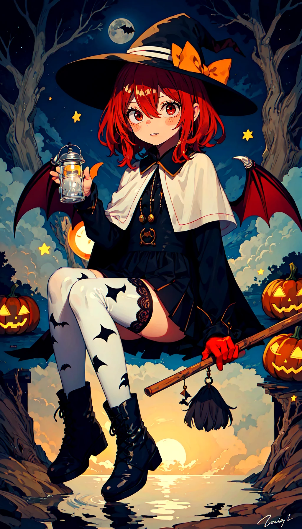 bat,broom,broom riding,full moon,halloween,hat,moon,witch hat,jack-o'-lantern,witch,crescent moon,star \(symbol\),1girl,halloween costume,pumpkin,black headwear,bat wings,night,thighhighs,solo,brown hair,bat hair ornament,happy halloween,boots,long hair,ghost,flying,cape,black footwear,holding broom,demon tail,looking at viewer,night sky,wings,black capelet,sidesaddle,black cape,brown eyes,tombstone,blush,black wings,candy,crescent,demon wings,black legwear,sky,shoes,hair between eyes,bangs,castle,eyebrows visible through hair,sitting,graveyard,silk,long sleeves,skirt,parted lips,star \(sky\),black cat,pumpkin hat,full body,hat bow,star hat ornament,black skirt,hat ornament,spider web,cloud,knees up,mini wings,holding,starry sky,grave,cat,knees together feet apart,halloween bucket,black cloak,pleated skirt,red moon,pumpkin hair ornament,animal,detached wings,lantern,spider web print,thighs,dress,gloves,closed mouth,capelet,frills,brown wings,dated,ankle boots,black dress,hexagram,star print,lace-up boots,signature,trick or treat,bare tree,bat print,
((extremely glossy)),((glossy skin)),((soft reflective skin)),((reflections)),