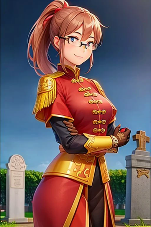 smile, closed mouth, ponytail, glasses, (red eyes), wearing a red and black suit, a uniform that resembles the ancient armor of the Chinese dynasty, which has a golden border, dress, capelet, smile, (art: 0.8), (beautiful detailed eyes: 1.6), perfect lighting, extremely detailed CGI (perfect hands, perfect anatomy), ((best quality, highly detailed)), ultra realistic 8k cg, graveyard, night sky, 1 girl, picture-perfect face, ultra detailed,