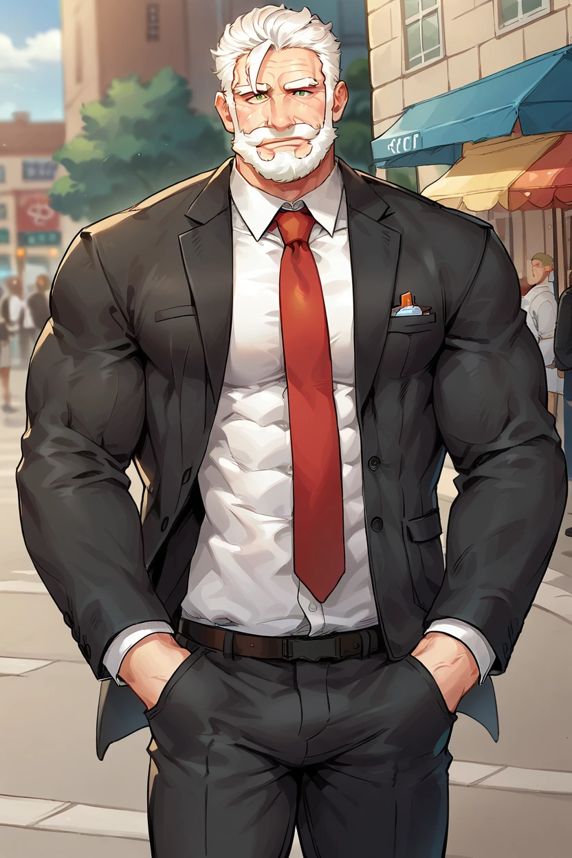 score_9, score_8_up, score_7_up, score_6_up, 
1 male, old male, muscular, white hair, white beard, muscular, ((black suit)) ,white shirt，red necktie， green eyes, outdoors, street background, hands in pocket