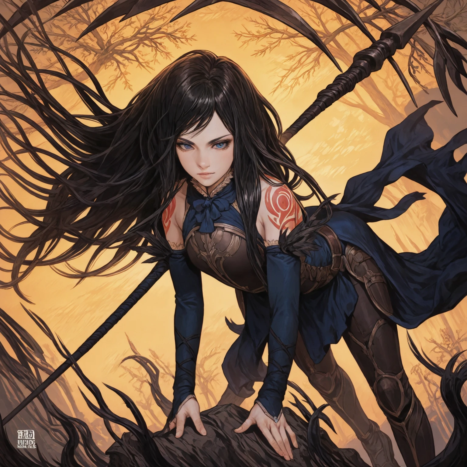 score_9, score_8_up, score_7_up score_9,score_8_up,score_7_up,rating_safe,1girl,<lora:shanoa-step00000500:1>,shanoa,long hair,black hair,blue eyes,all fours,tattoo,holding spear,