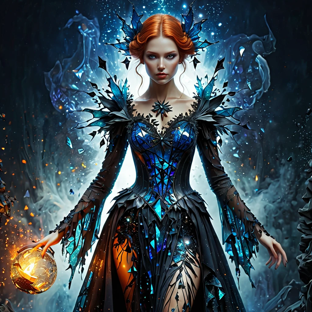 a witch wearing a dress made of black shatteredglass, high-quality, detailed, realistic, mystical, fantasy