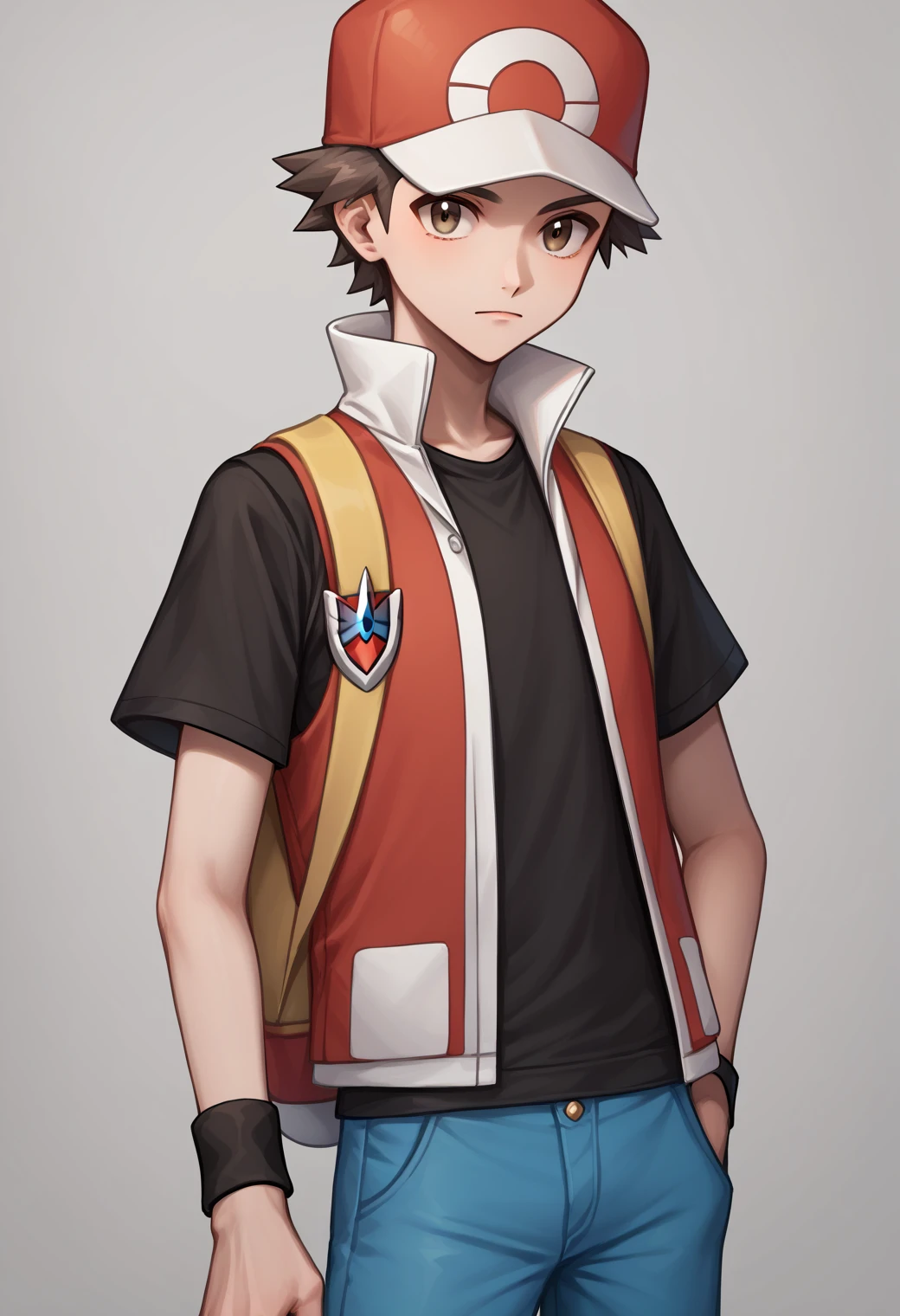 score_9, score_8_up, score_7_up, score_6_up, score_5_up, score_4_up, best quality, amazing quality, best aesthetic, absurdres, solo,Red_pokemon, RED WITH WHITE BASEBALL CAP, BLUE PANTS, BROWN EYES, BROWN HAIR, red vest, BLACK SHIRT, black wristband, sneakers, short sleeves, source_,score_9_up<lora:EMS-353623-EMS:1.000000>