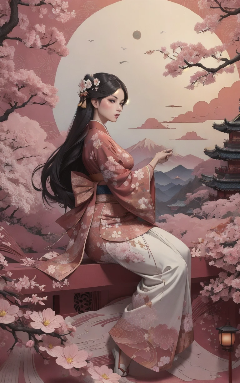 (masterpiece, best quality:1.4), insaneres, absurdres, solo, looking at viewer,BREAK 
LoConARTSTYLE_Paper_Kirigami_ownwaifu, art_nouveau, kirigami, fine art, 
1girl, solo, flower, tree, long hair, black hair, hair ornament, dress, cherry blossoms,  long sleeves, japanese clothes, chinese clothes, full body, wide sleeves, (moon), cloud, waterfall, east asian architecture, 
<lora:LoConARTSTYLE_Paper_Kirigami_ownwaifu:0.6>,