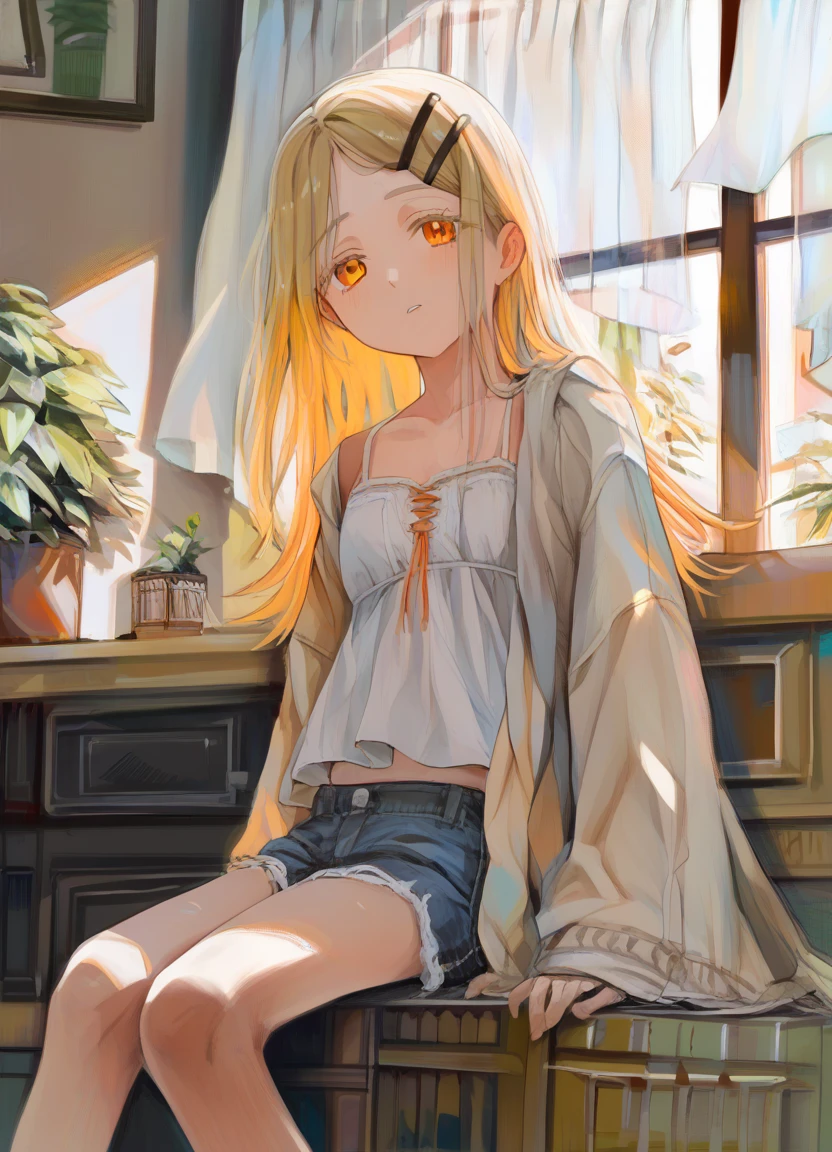 score_9_up, score_8_up, score_7_up, score_6_up, source_anime BREAK
1girl, solo, blonde hair, long hair, orange eyes, hairclip, 
white camisole, denim shorts, 
coat, open clothes, 
indoors, potted plant, curtains, window, sitting, parted lips, 
 <lora:shinosawa_hiro:1> <lora:scomp_lora_v0.3.0:1>