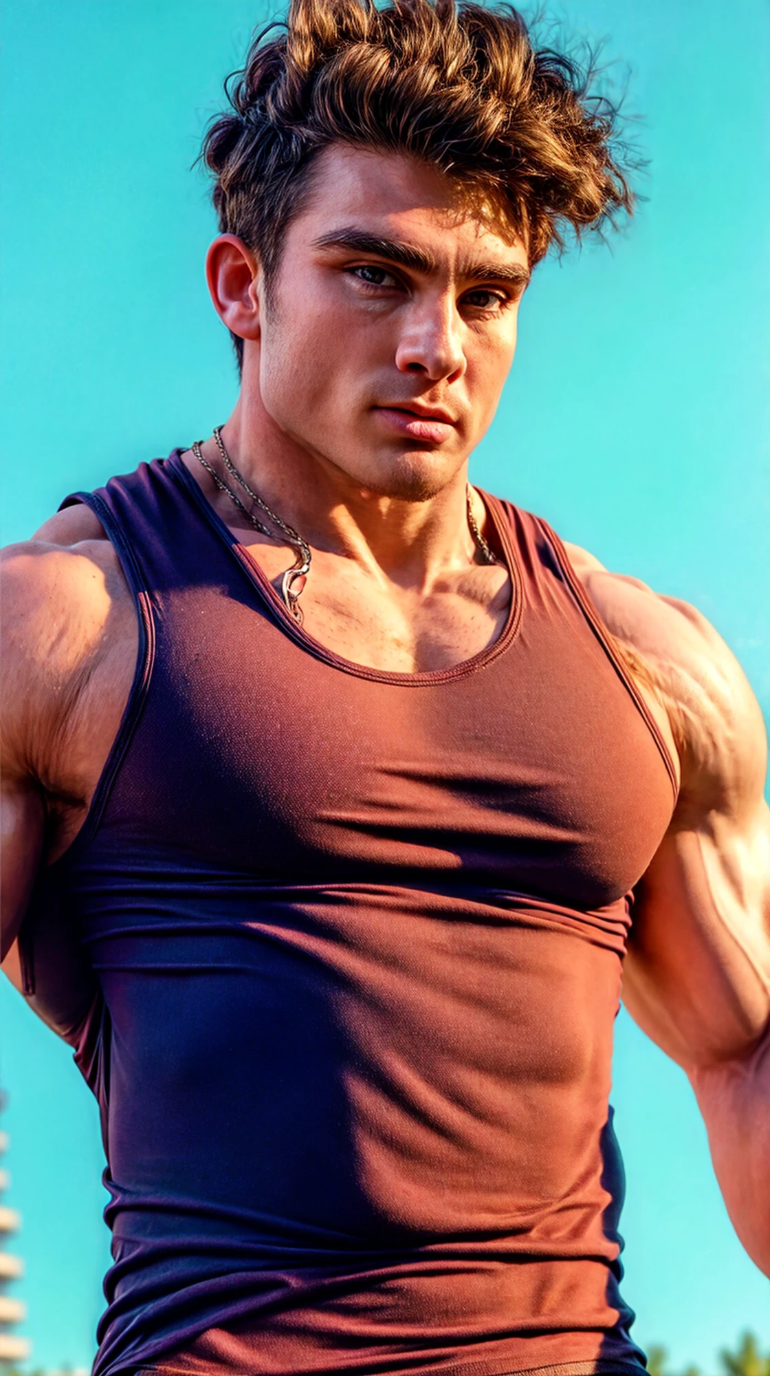 (face focus). (close up shot:0.9), (masculine:1.3), (large strong physique:1.2), at outdoor sunny park, (muscular man wearing tight tank top:1.3), sexy pose:1.0, styled hair, confident, handsome, (((masterpiece))), (((best quality))), <lora:more_details:1.1>, (hands on waist), male, athletic, looking at viewer, (short hair), lower color saturation:1, lower contract color:1, HasanPiker,  <lora:HasanPiker (5):1> muted colors:1.5