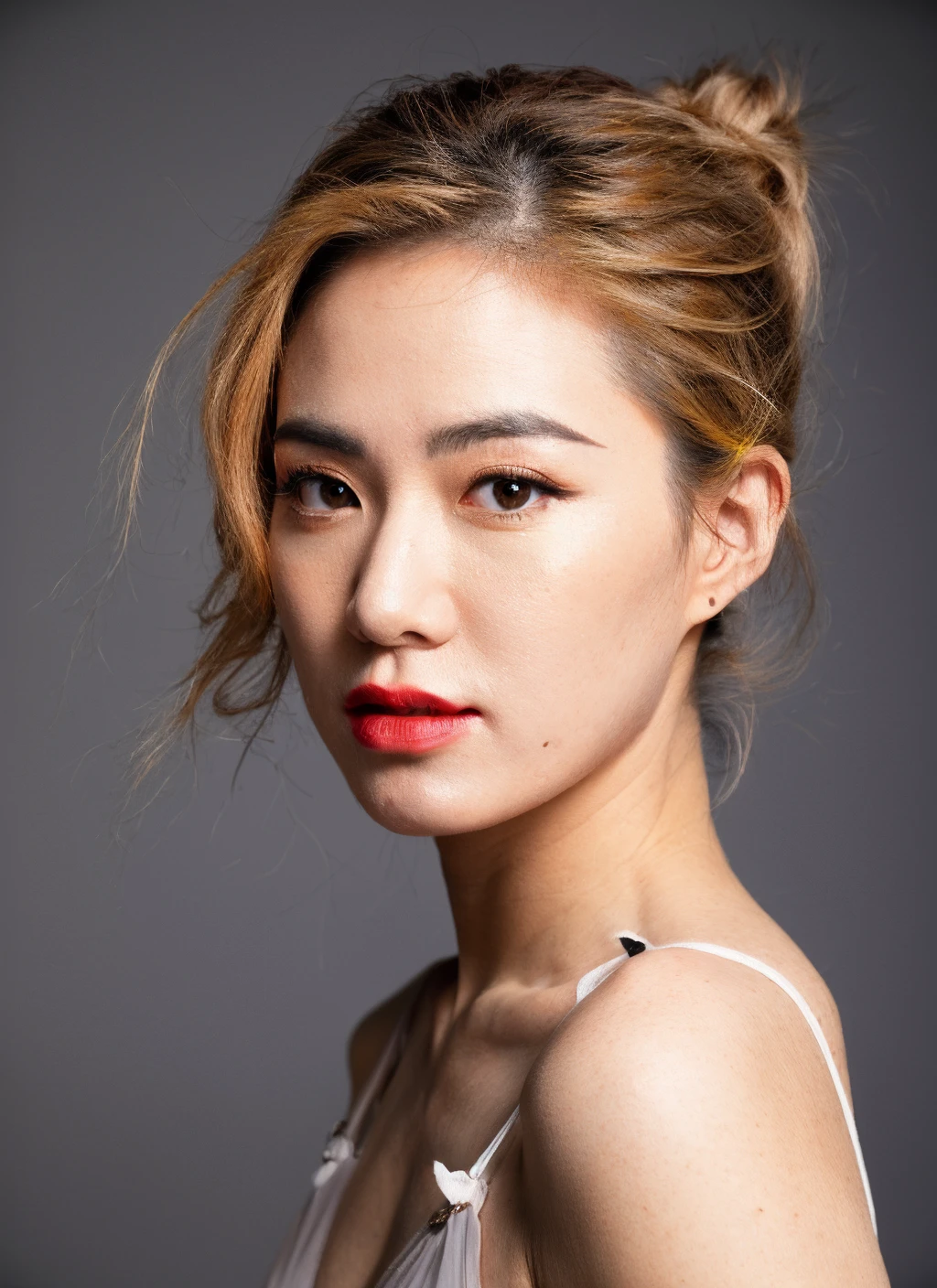 Raw format,woman,Asian,portrait,high ponytail,yellow hair,looking at viewer,portrait,grey eyes,, 8K,masterpiece, best quality:1.2,ultrahigh-res,