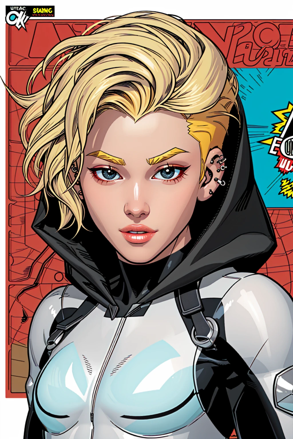 <lora:shirogane-02:1.4> shirog4n3, parted lips, upper body,undercut, blonde hair, asymmetrical hair,hooded bodysuit,eyebrow piercing, (cartoonish style), flat color style, ((ultra detailed, glossy, smooth, comic style))
