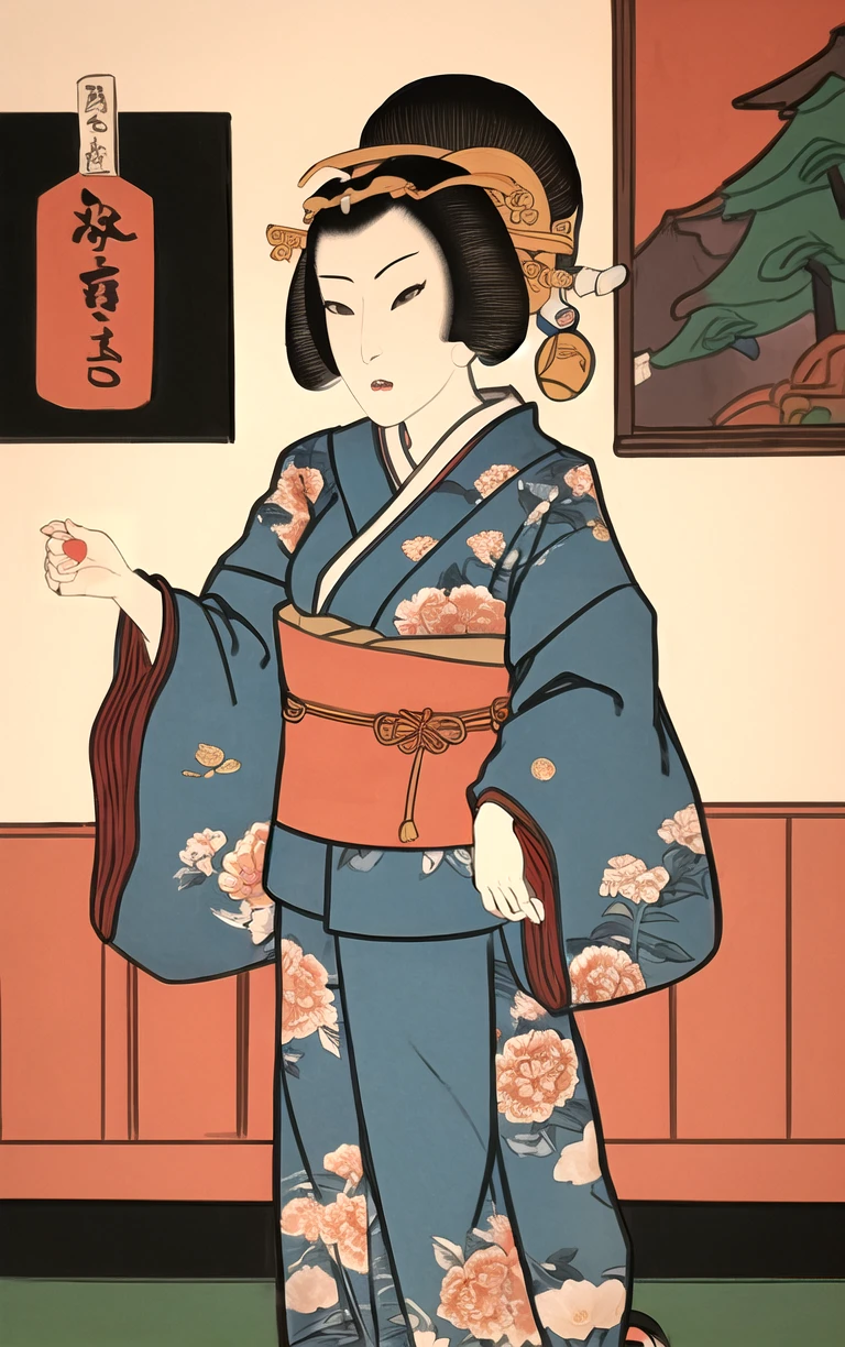 (masterpiece, best quality:1.4), insaneres, absurdres, solo, looking at viewer,BREAK 
LoConARTSTYLE_Kunisada_ownwaifu, www.ownwaifu.com,  
 fine art parody, parody, nihonga, tree, flower, painting \(medium\), indoors,  east asian architecture, 
1girl, solo,  black hair,  japanese clothes, long sleeves, hair ornament,  floral print, wide sleeves, sash, 
<lora:LoConARTSTYLE_Kunisada_ownwaifu:0.75> , depth of field 
,