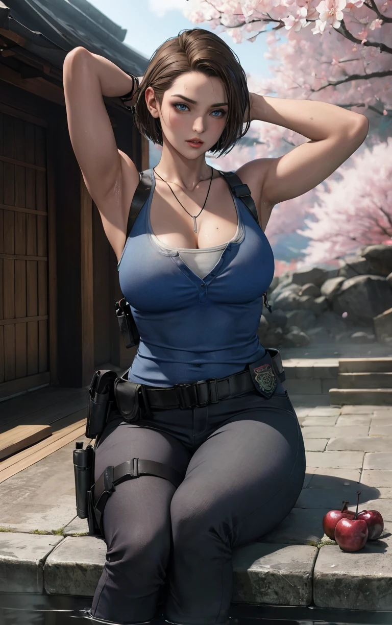 (masterpiece, best quality:1.4), insaneres, absurdres, solo, looking at viewer,BREAK 
GAME_ResidentEvil3Remake_JillValentine_ownwaifu, 
short hair, breasts, lips, brown hair, necklace, jill valentine, blue eyes, nose, dog tags, large breasts, collarbone, 
tank top, gloves, jewelry, fingerless gloves, pants, belt, holster, cleavage, shoulder holster, thigh holster, sleeveless, denim, pendant, bare shoulders, blue tank top, black pants, belt pouch, 
(sitting, soaking feet, arms behind head), onsen, mount fuji, cherry blossoms, outdoors,<lora:GAME_ResidentEvil3Remake_JillValentine_ownwaifu:0.65>, depth of field