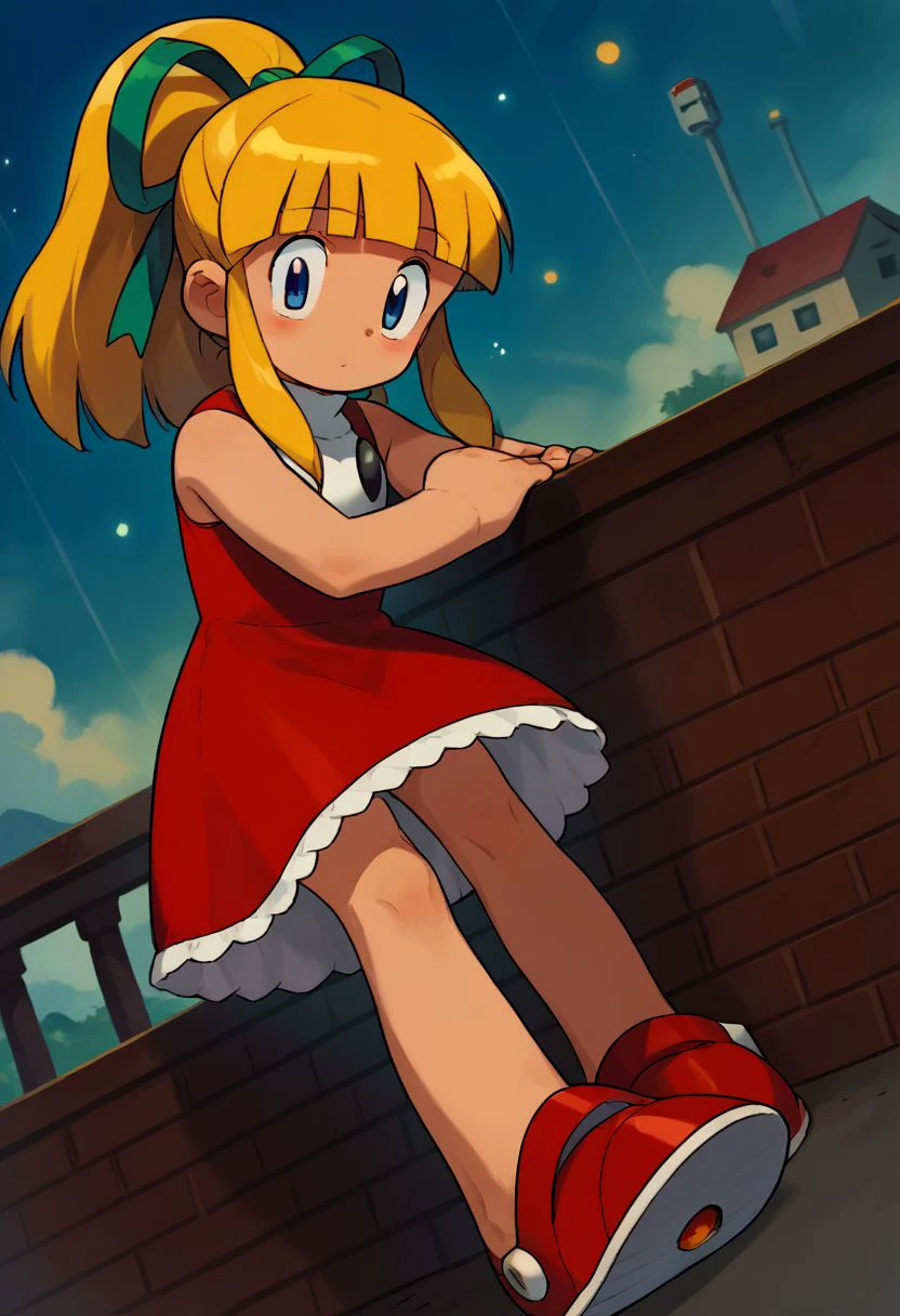 score_9, score_8_up, score_7_up, source_anime,
ishikawa hideki style, Roll (Mega man), long hair, bangs, blue eyes, blonde hair, dress, ribbon, hair ribbon, ponytail, sidelocks, red shoes, sleeveless, blunt bangs, sleeveless dress, red dress, green ribbon, retro