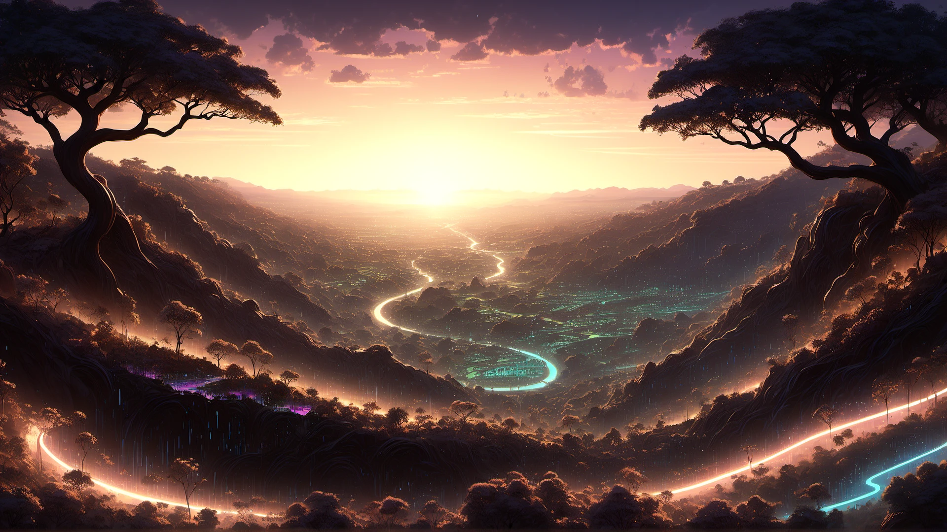 CyberLight, Digital art, landscape of a Harsh Arcadian Chocolate Brown and Cream (The Garden of Eden:1.3) in the distance there is a Burkina Faso, hillside with Black oak, at Sunrise, scene art by Studio Ghibli, Magali Villeneuve, Sci-Fi, Selective focus, Cream neon hue