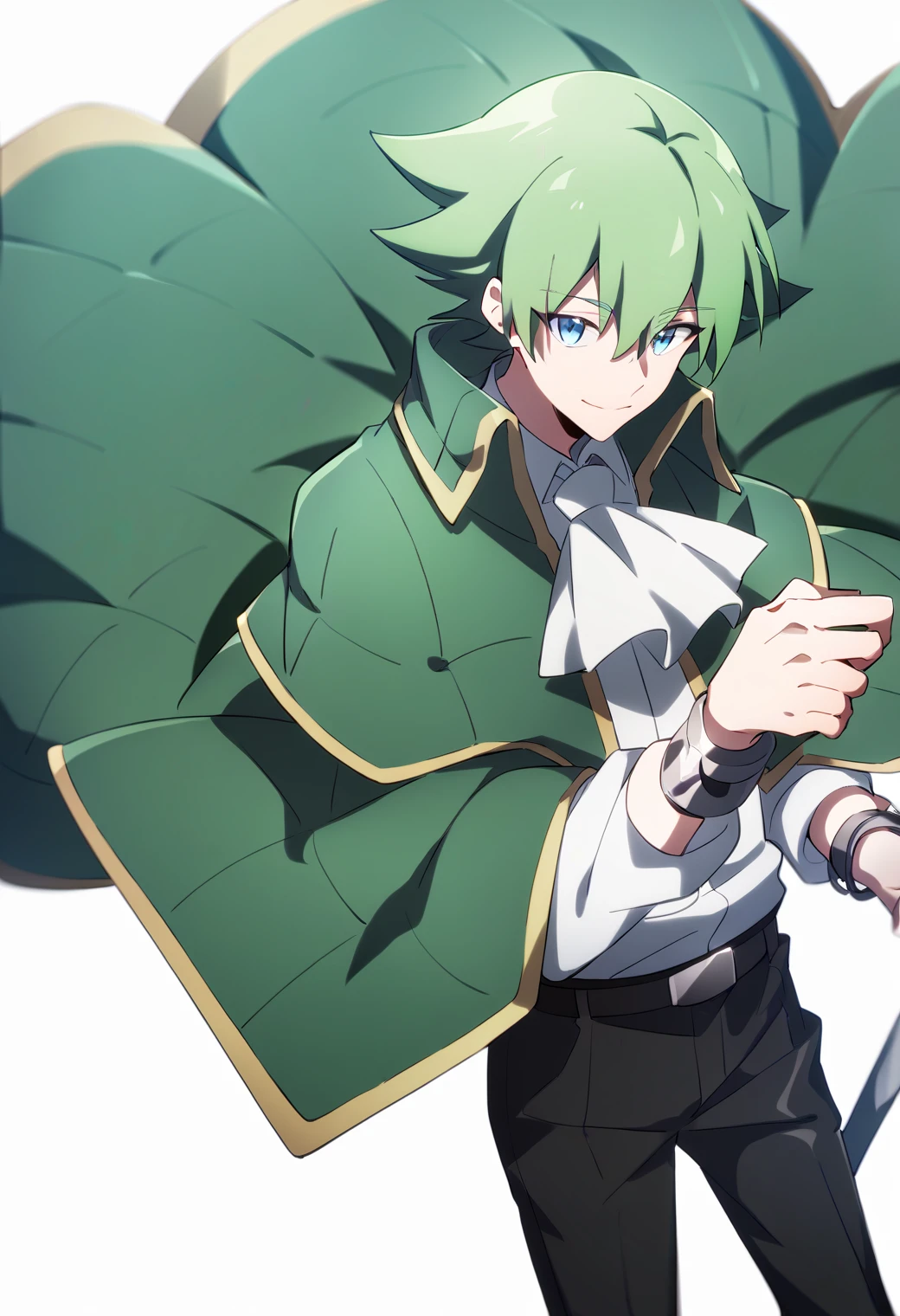 score_9, score_8_up, score_7_up, score_6_up, score_5_up, score_4_up, best quality, amazing quality, best aesthetic, absurdres, solo,lyserg, green hair, blue eyes, black pants, long sleeves, green cloak, open, cloak, white clockwork shirt with cravat,brown shoes, black belt,source_anime, source_,score_9_up<lora:EMS-354437-EMS:1.000000>