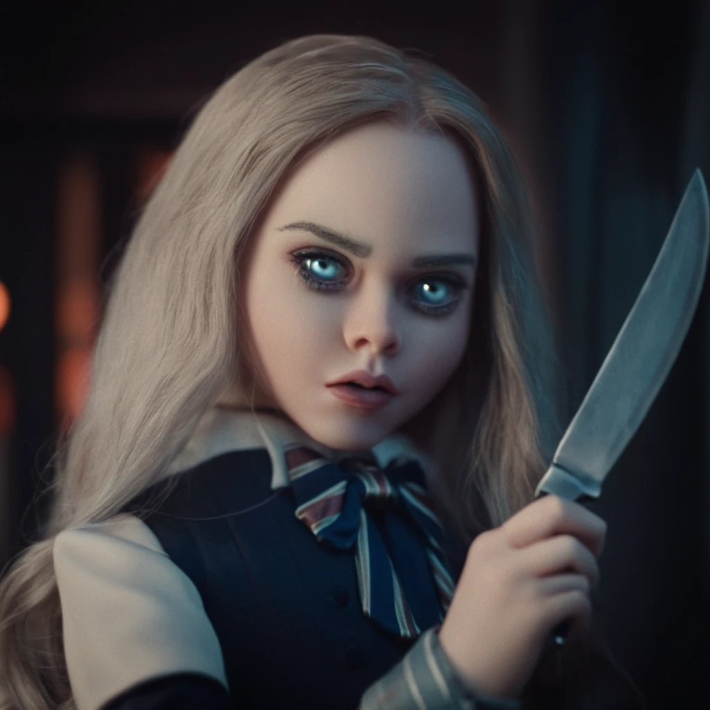 cinematic film still of  <lora:M3GAN:1>
M3GAN a woman with a knife in her hand,sinister,villain,cyborg doll,1girl,solo,long hair,blue eyes,bow,holding,closed mouth,upper body,white hair,bowtie,blurry,lips,blurry background,knife,realistic,holding knife, shallow depth of field, vignette, highly detailed, high budget, bokeh, cinemascope, moody, epic, gorgeous, film grain, grainy