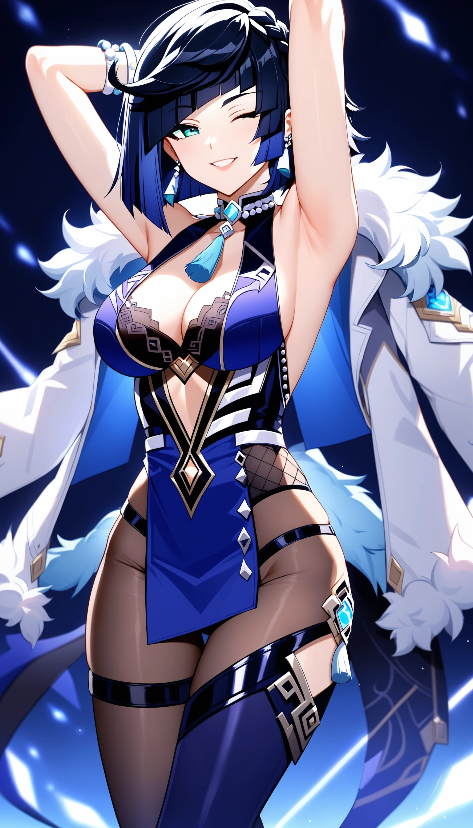 score_9, score_8_up, score_7_up, intricate details,
1girl, yelan, genshin impact, arm up, armpits, fur-trimmed jacket, leggings, one eye closed, thighs, smile, standing,
