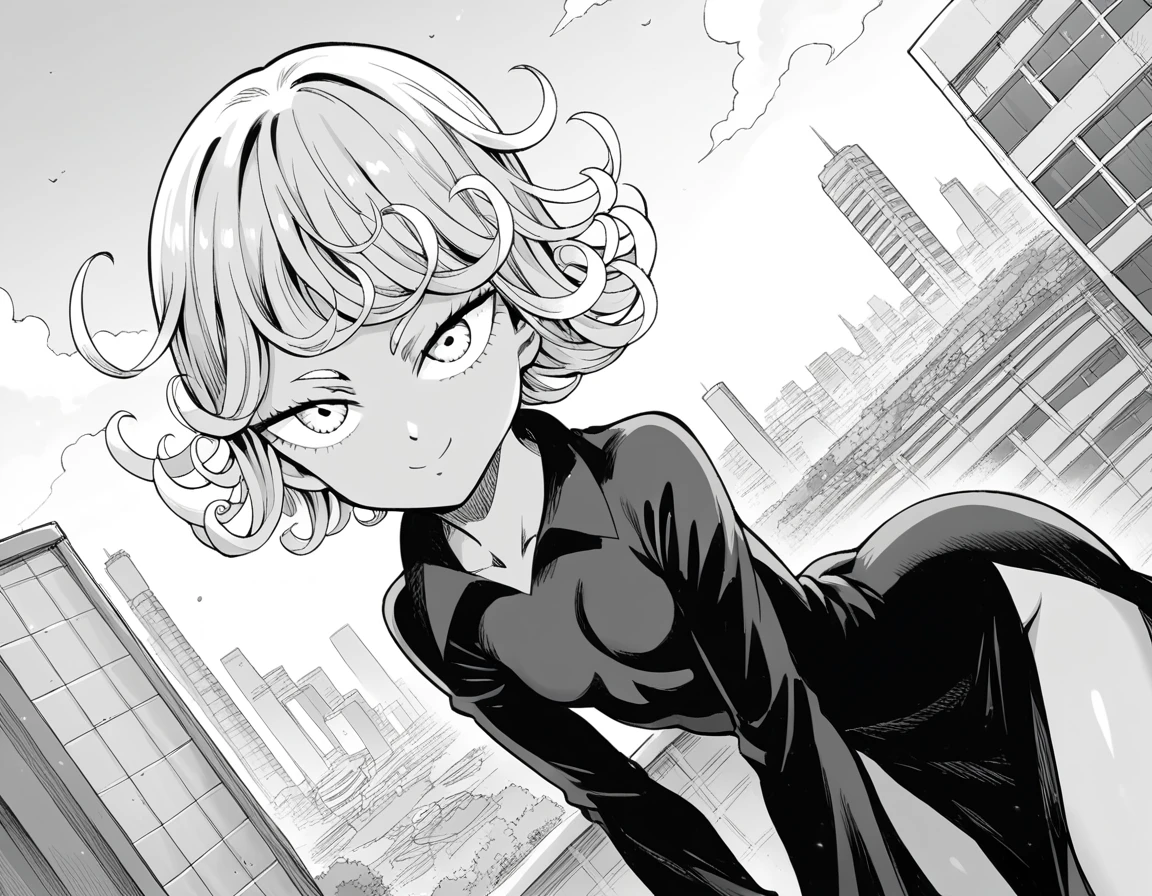 score_9, score_8_up, score_7_up, source_anime,
tatsumaki, <lora:opm-tatsumaki-manga-ponyxl-lora-nochekaiser:1>,
tatsumaki, short hair, curly hair, monochrome, greyscale,
long sleeves, dress,
outdoors, cityscape, bent over, smile,
looking at viewer, cowboy shot, solo, dutch angle,