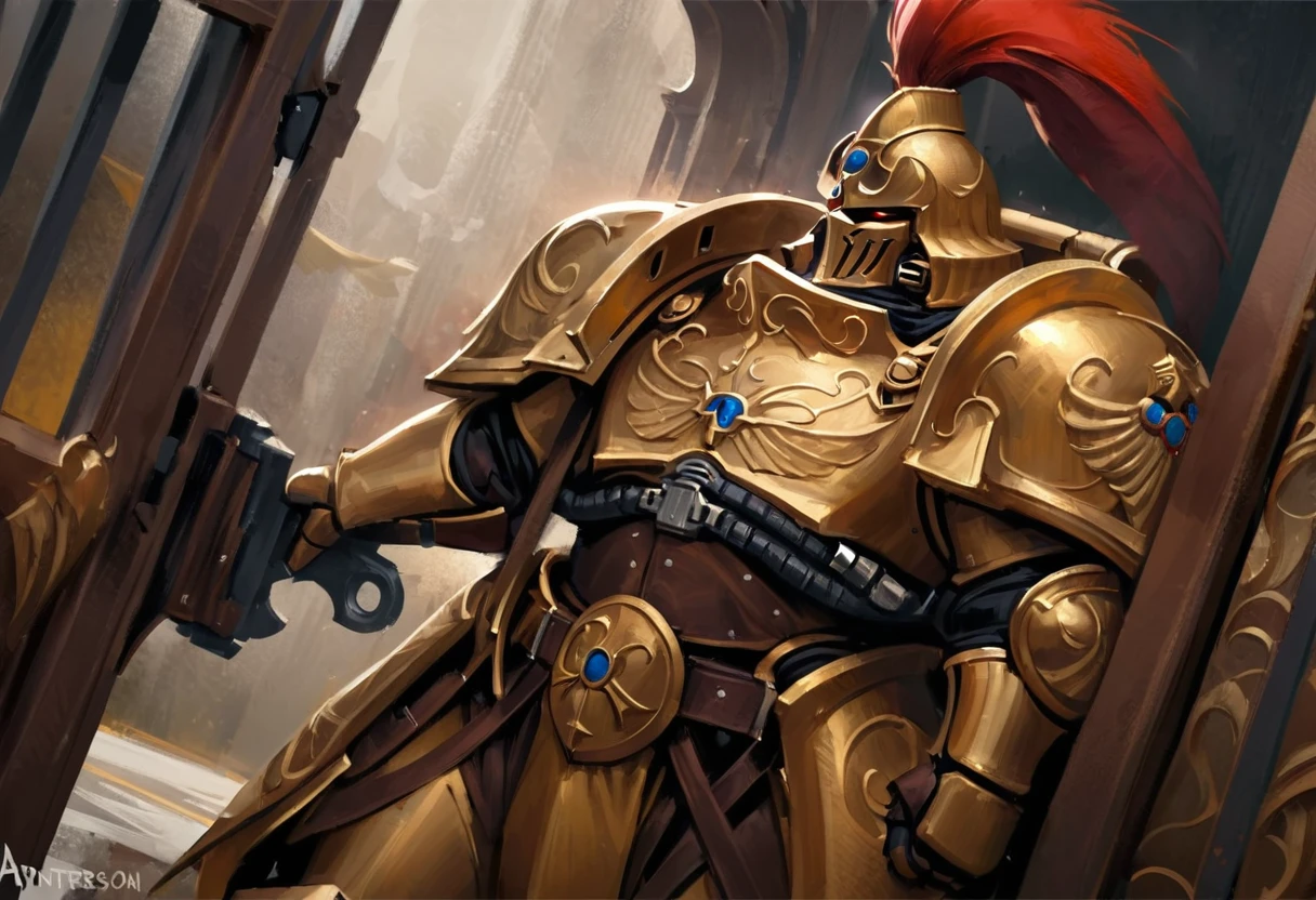 (digital painting), Adeptus Custode, golden power armor, red plume, guarding a large ornate metal gate, painterly \(style\), brushstrokes, oil on canvas, [still life], expressive, Warhammer 40K, dynamic angle, epic, trending on artstation
 <lora:custodians-10:1>