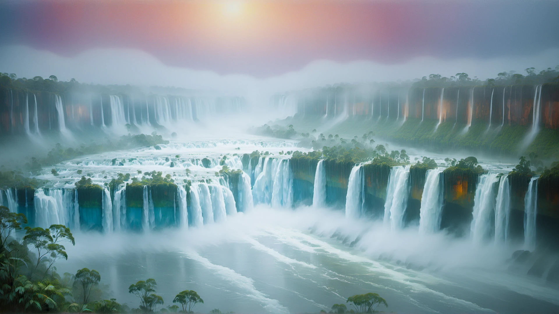 CyberLight, Water color painting, landscape of a Iguazu Falls, it is Otherworldly, Foggy conditions, Reflected light, pinhole lens, ethereal