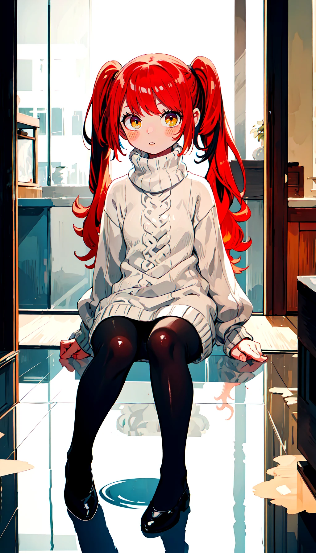 1girl,solo,red hair,twintails,very long hair,yellow eyes,turtleneck sweater,pantyhose,sweater dress,parted lips,blush,looking at viewer,white sweater,
((extremely glossy)),((glossy skin)),((soft reflective skin)),((reflections)),