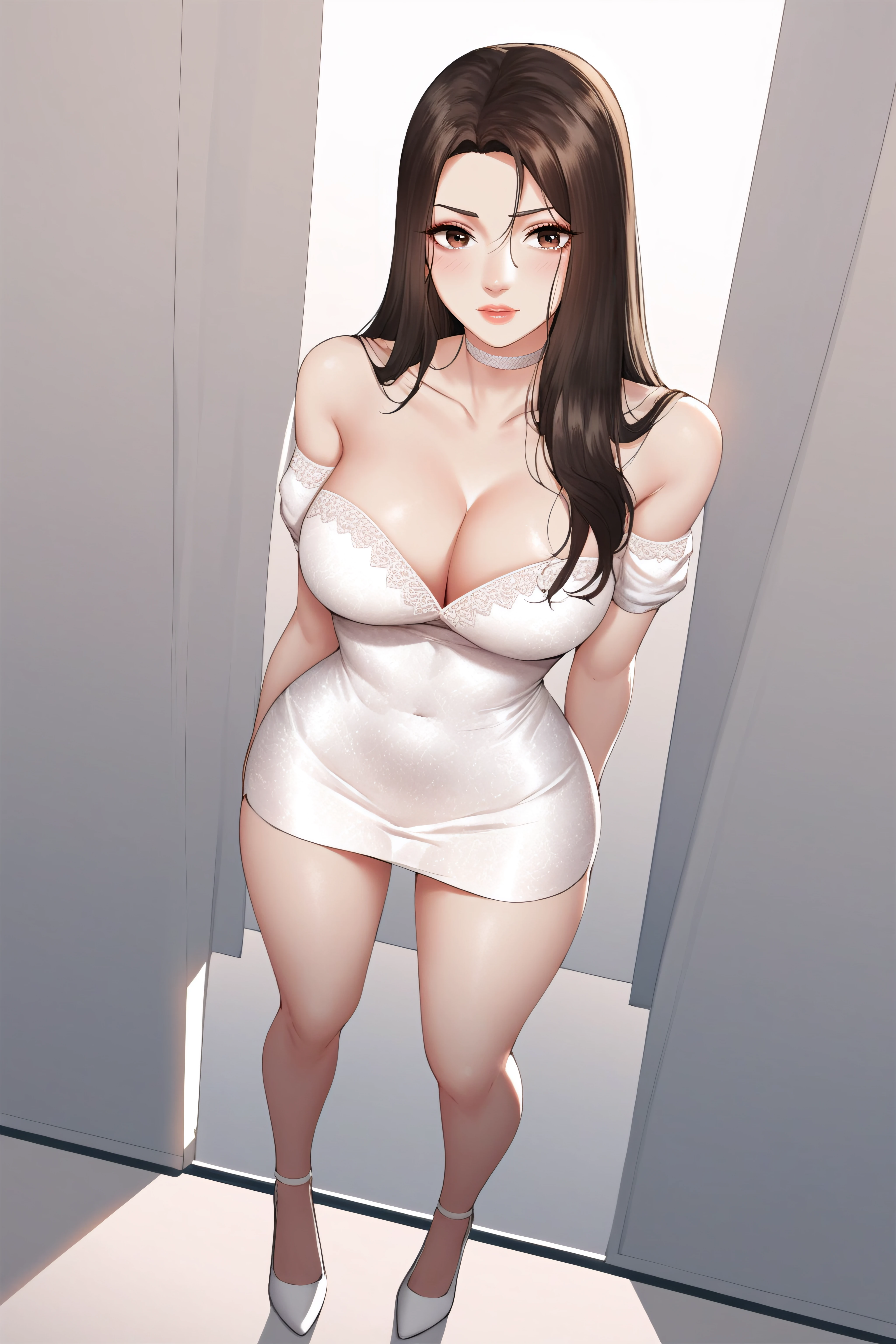 score_9, score_8_up, score_7_up, <lora:Jungyeon-PonyXL-lora-Faxtron:0.8> jungyeon, long hair, white short dress, cleavage, bare shoulders, collarbone, thighs, white choker, strapless, white high heels, standing,