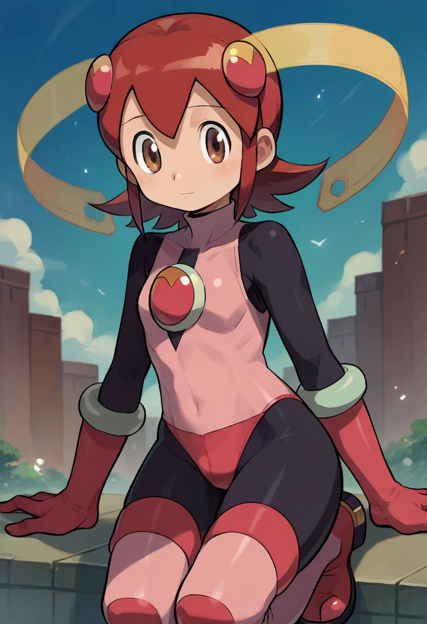 score_9, score_8_up, score_7_up, source_anime,
ishikawa hideki style, mayl_sakurai_(mega_man), 1girl, short hair, hair ornament, brown eyes, red hair, pink bodysuit, pink gloves, knee boots, pink boots, solo