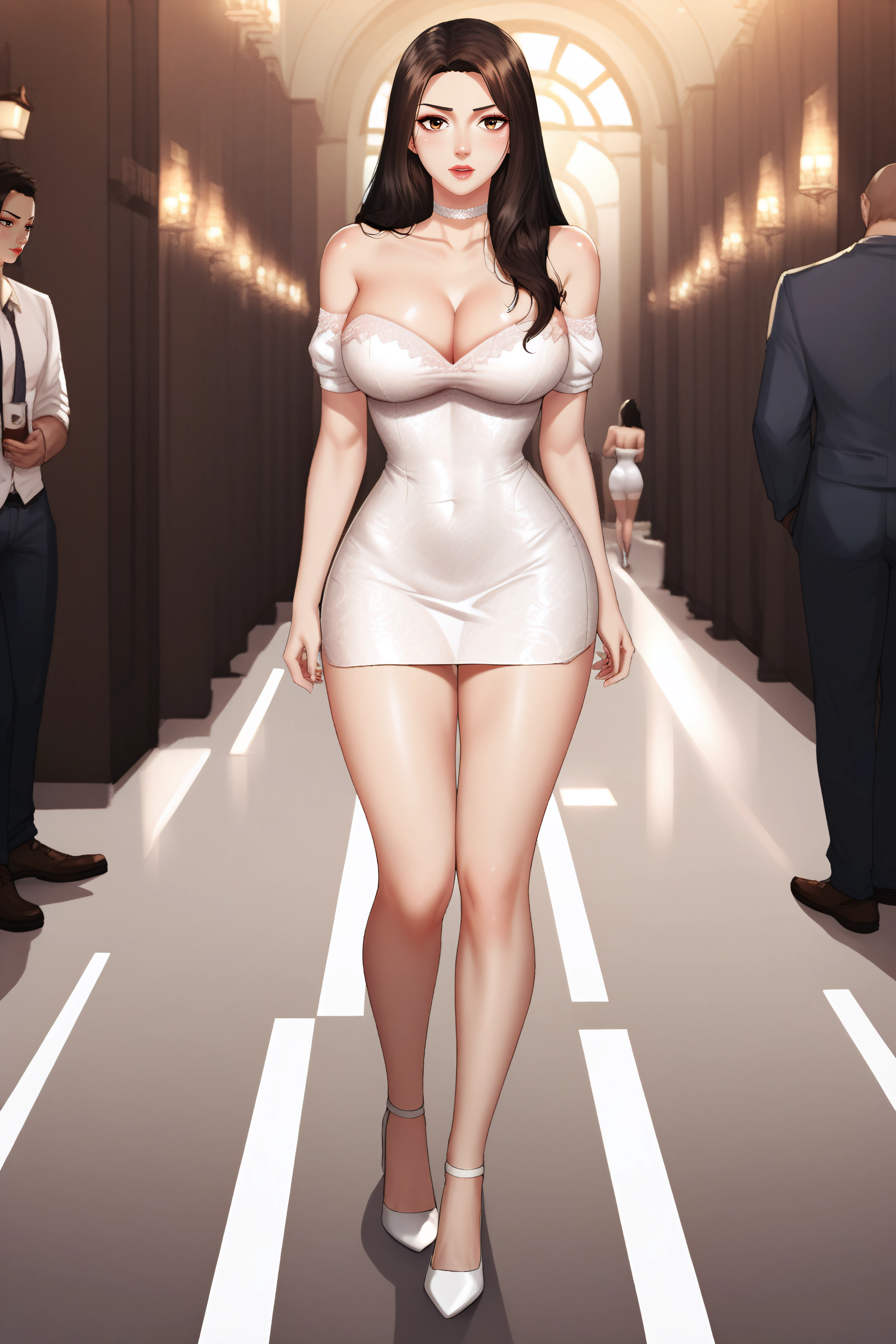 score_9, score_8_up, score_7_up, <lora:Jungyeon-PonyXL-lora-Faxtron:0.8> jungyeon, long hair, white short dress, cleavage, bare shoulders, collarbone, thighs, white choker, strapless, white high heels, standing,