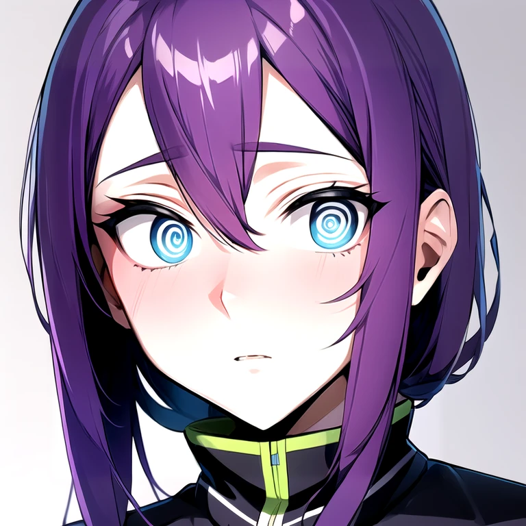 (score_9,score_8_up,score_7_up,score_6_up,source_anime,best best quality,perfect face,bright pupils,(finely detailed beautiful eyes),),1girl,girl,solo,teenager,purple hair,green eyes,small_breasts,<lora:1739191204076771576:0.7>,Spinning eyes,rolling eyes,glowing eyes,whirling eyes,