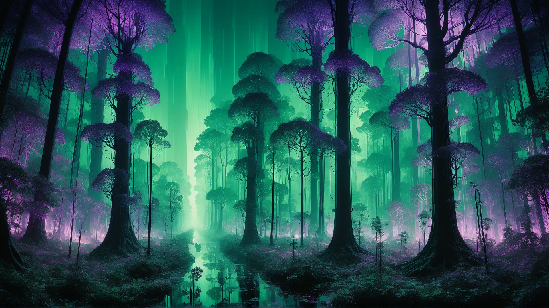 CyberLight, stylized by teamLab and Helga Ancher, masterpiece, landscape of a Arcadian The Forest of Fangorn from inside of a Nuclear power plant, Hazy conditions, back-light, Violet and deep green hue, Unsplash, emotional, idyllic, 1920's