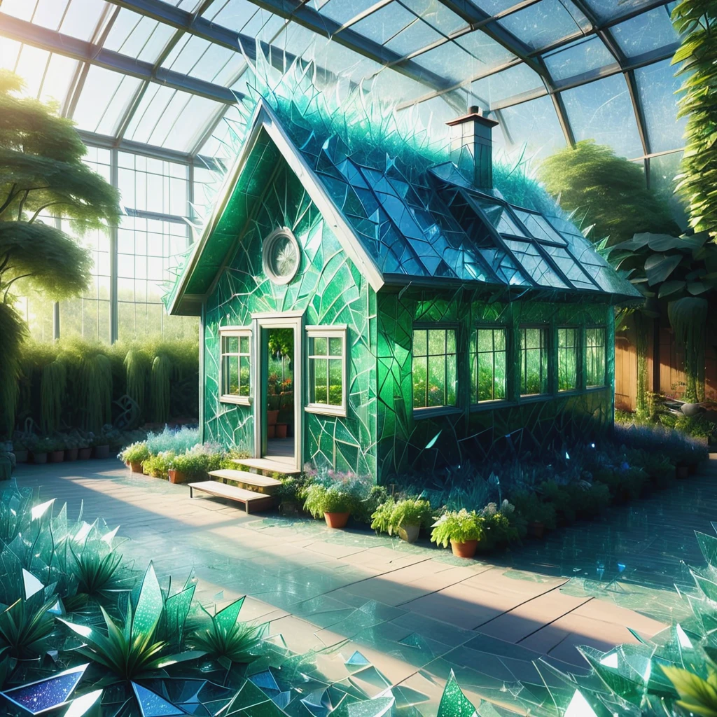 a greenhouse made of shattered glass, plants made of shattered glass, colorful, detailed, realistic, mystical, fantasy