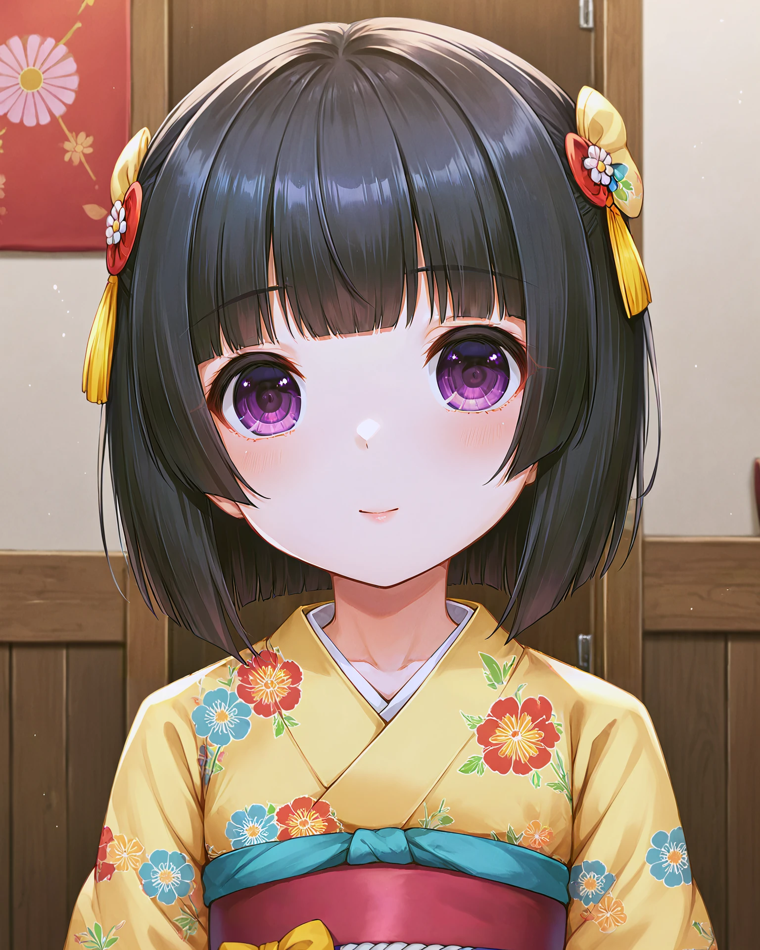 <lora:Neko_Shigure_XL:0.7> shigure, black hair, bangs, blunt bangs, purple eyes, short hair, hair ornament, hair bow, yellow bow, japanese clothes, kimono, yellow kimono, print kimono, floral print, flower, long sleeves, wide sleeves, obi, tabi,upper body,, <lora:9_Detail_Tweaker_XL:0.8>, score_9, score_8_up, score_7_up, source_anime, masterpiece, best quality, highly detailed background, cinematic lighting, detailed eyes, perfect face,, lazy, teenager room, messy, bedroom, bed sheet, closet,