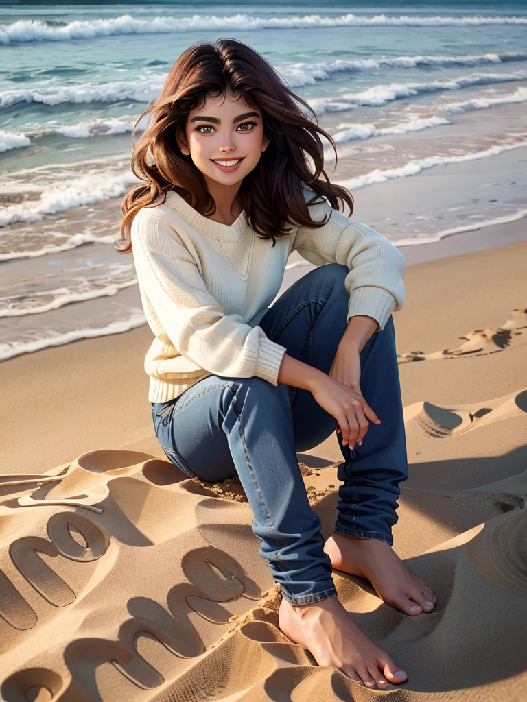 Realistic photo of a beautiful k4thy1 woman,1girl, solo, long hair, looking at viewer, smile, brown hair, brown eyes, sitting, full body, barefoot, teeth, pants, grin, sweater, ocean, beach, denim, jeans, realistic, sand, indian style, soft lighting, professional Photography, Photorealistic, detailed, RAW, analog, sharp focus, 8k, HD, DSLR, high quality, Fujifilm XT3, film grain, award winning, masterpiece<lora:k4thy1:1.0>