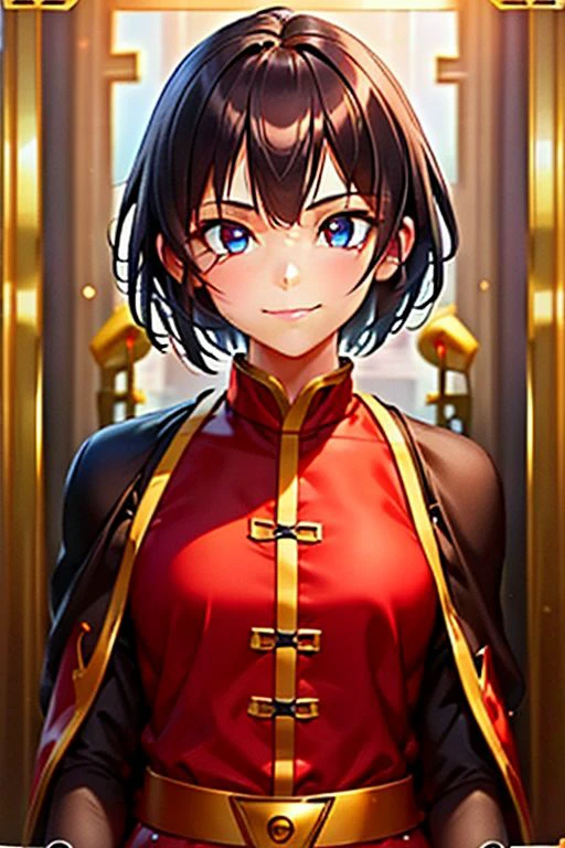 1girl, short hair, black hair, multicolor hair (red eyes: 1.1), with a serious expression, wearing a red and black suit, a uniform that resembles the ancient armor of the Chinese dynasty, which has a golden border, dress, capelet, smile, (art: 0.8), (beautiful detailed eyes: 1.6), perfect lighting, extremely detailed CGI (perfect hands, perfect anatomy), ((best quality, highly detailed)), ultra realistic 8k cg, graveyard, night sky, 1 girl, picture-perfect face, ultra detailed,