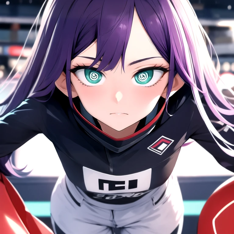 (score_9,score_8_up,score_7_up,score_6_up,source_anime,best best quality,perfect face,bright pupils,(finely detailed beautiful eyes),),1girl,girl,solo,teenager,purple hair,green eyes,small_breasts,<lora:1739191204076771576:0.7>,Spinning eyes,rolling eyes,glowing eyes,whirling eyes,