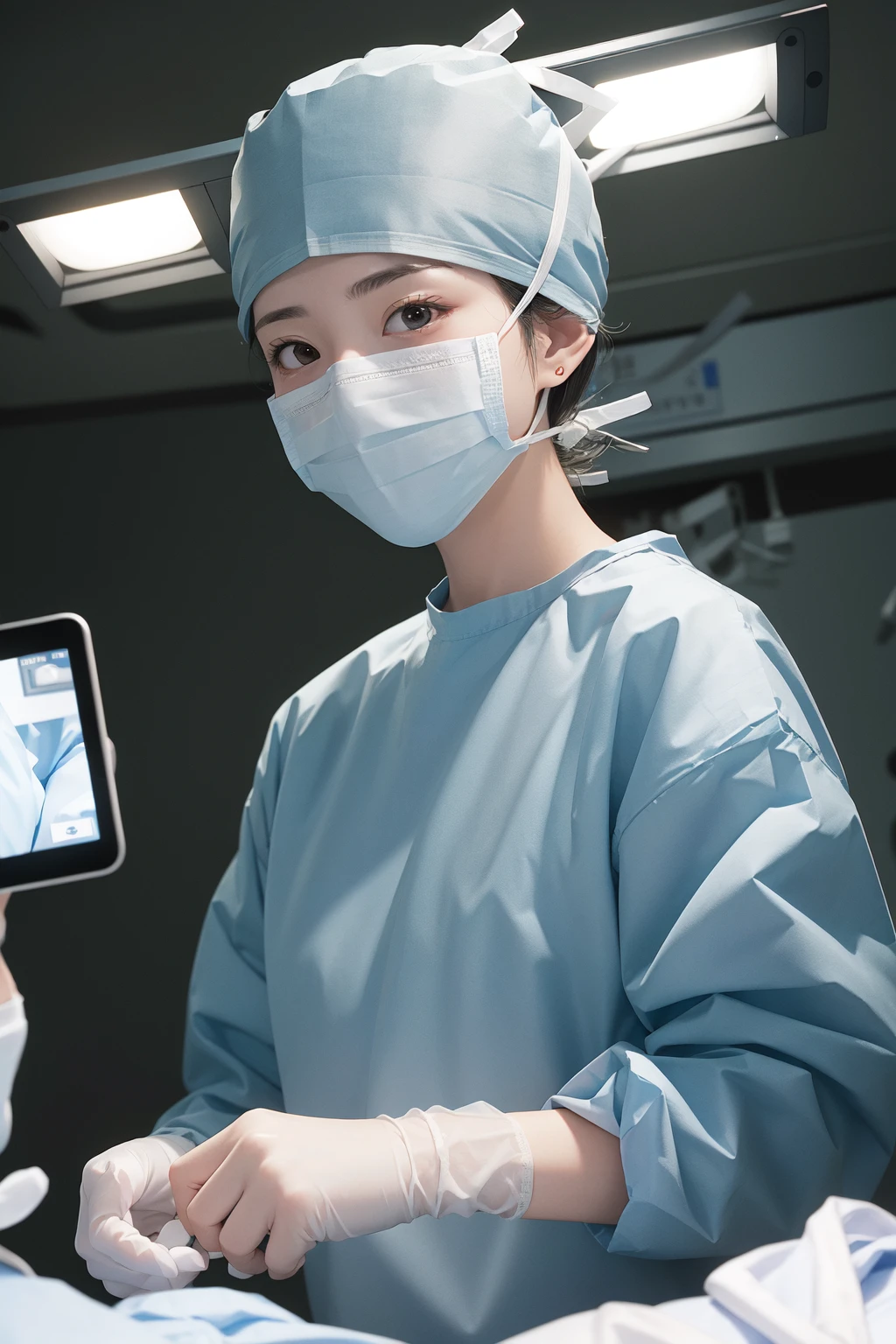(RAW photo, best quality), 1girl, long sleeve surgical outfit, surgical mask, surgical gloves, surgical cap, operating room, overhead surgical light, dslr, blurred background, focused
<lora:ConceptClothingSurgicalOutfit2_1:1>,