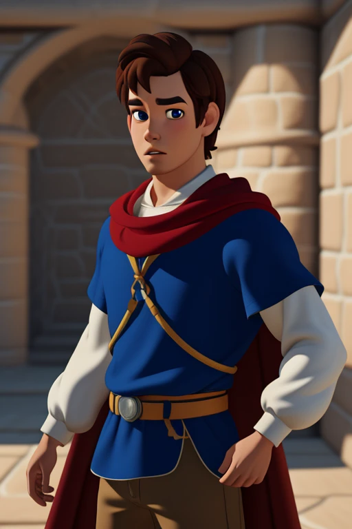 <lora:Prince_F-V5-Anything:0.85> pr1nc3_fl0, render, 3d, masterpiece, (pixar style), 4k,1boy, man,brown hair, looking at viewer, medieval page, blue tunic with white sleeves, red cape
(solo), big eyes 
<lora:3DMM_V7:0.3> 3DMM