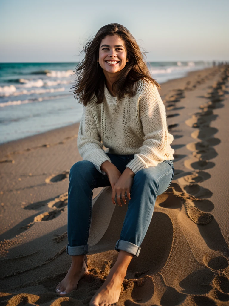 Realistic photo of a beautiful k4thy1 woman,1girl, solo, long hair, looking at viewer, smile, brown hair, brown eyes, sitting, full body, barefoot, teeth, pants, grin, sweater, ocean, beach, denim, jeans, realistic, sand, indian style, soft lighting, professional Photography, Photorealistic, detailed, RAW, analog, sharp focus, 8k, HD, DSLR, high quality, Fujifilm XT3, film grain, award winning, masterpiece<lora:k4thy1:1.0>