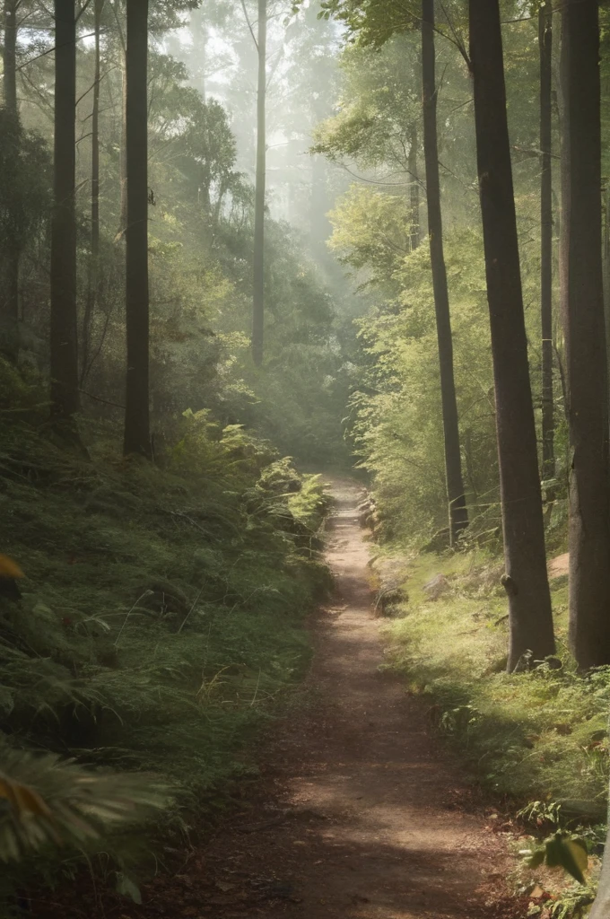 ((zPDXL), source_realistic), a winding Hiking trail in the dense hilly forest with leaves and the sun shining, (shadows:1.2), dramatic autumn landscape, woods, take off, peace, rich cold moody colours, hi resolution,
