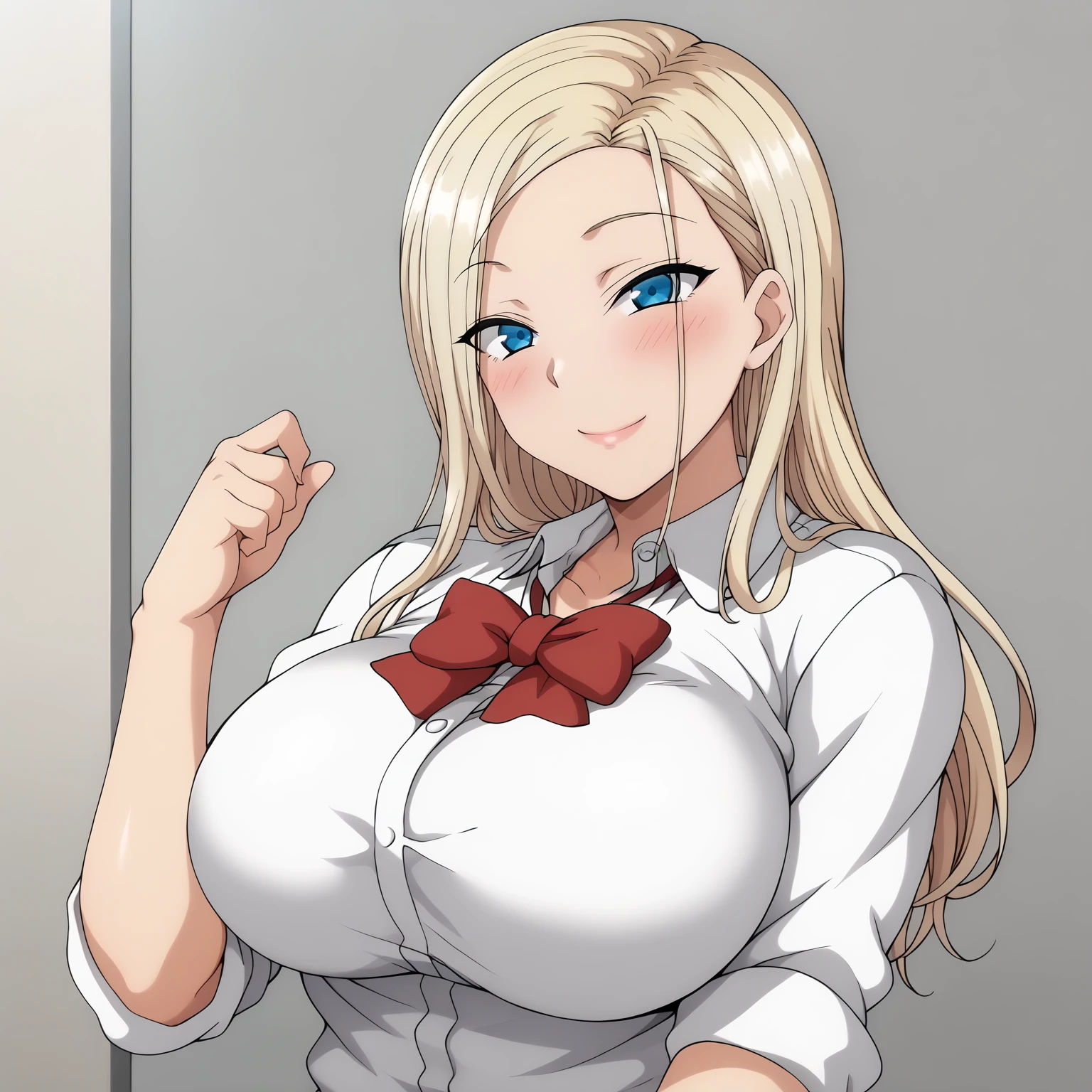 <lora:ReinaKurashikiXLpony001>,smile,blush,
solo,
ReinaKurashiki,1girl,blonde hair,long hair,blue eyes,
large breasts,
white shirt,red bow,sleeves rolled up,