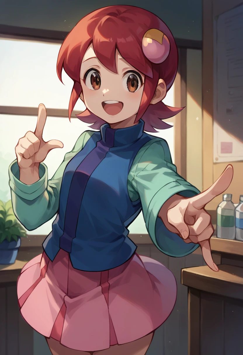 score_9, score_8_up, score_7_up,
<lora:RollexeMaylSakuraiPonybyRR-10:1>, mayl_sakurai_(mega_man), short hair, hair ornament, long sleeves, blue vest, pink skirt, pleated skirt, brown eyes, red hair,
1girl, solo, smile, open mouth, pointing at you,
cowboy shot, indoors, lab,