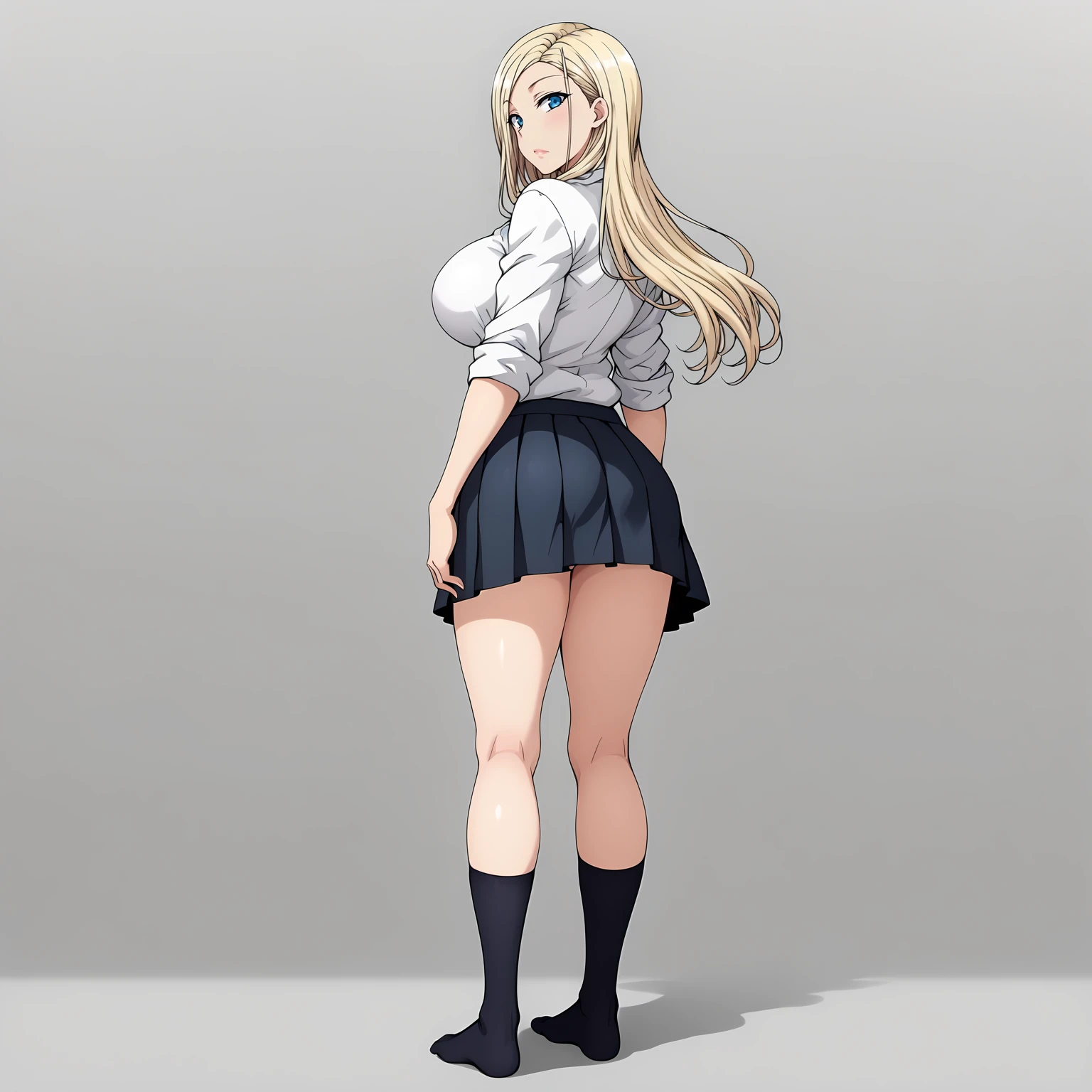 <lora:ReinaKurashikiXLpony001>,
solo,
ReinaKurashiki,1girl,blonde hair,long hair,blue eyes,
large breasts,
white shirt,sleeves rolled up,
pleated_skirt,
black socks,
full body,standing,looking back,